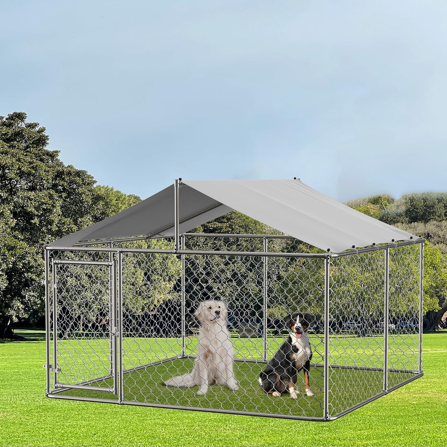 7.5' Outdoor Dog Cage with Waterproof UV-Resistant Cover,Large Metal Galvanized Rustproof Outdoor Puppy Fence W/Security Door,Heavy Duty Kennel for Farm & Garden,Silver