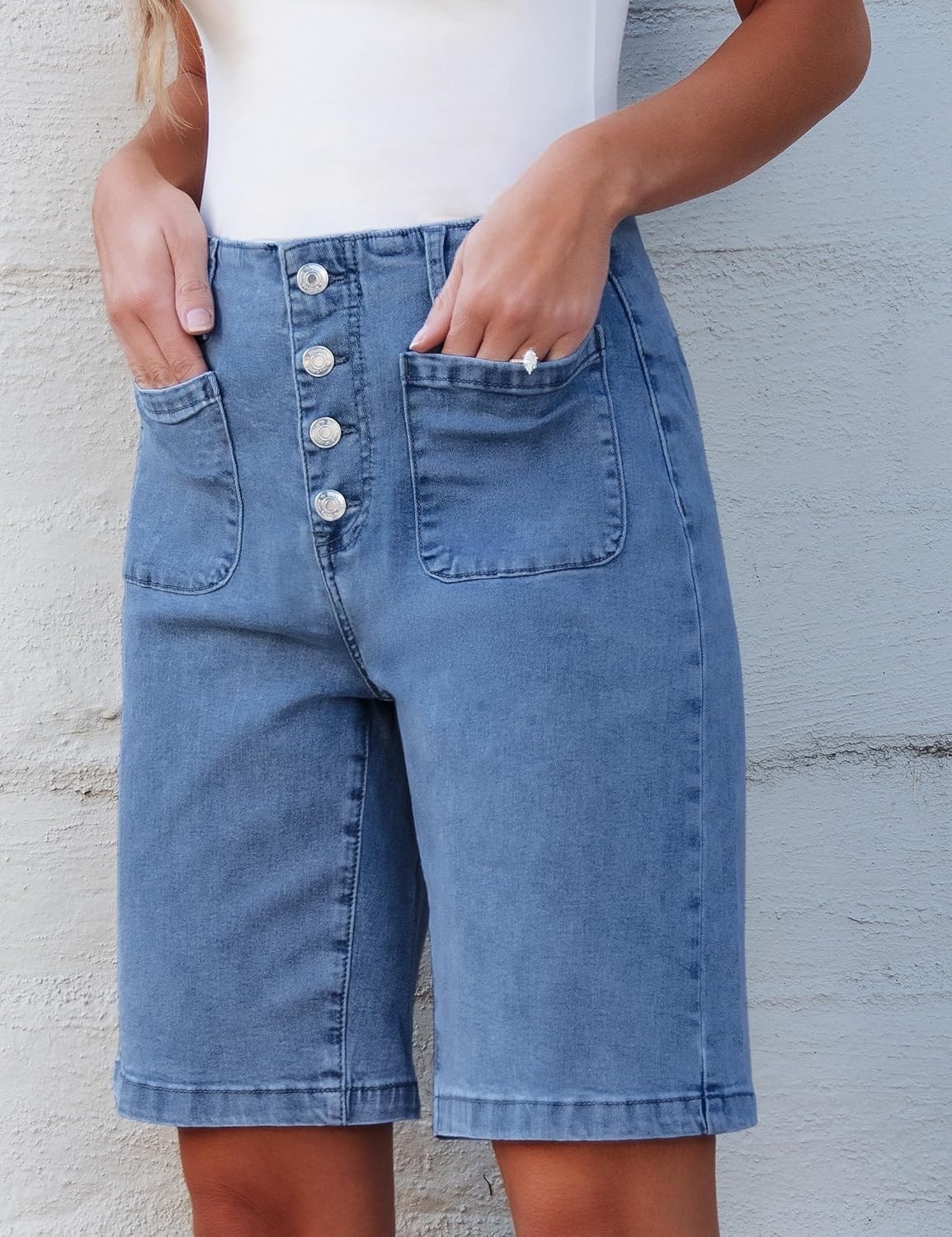 luvamia Bermuda Shorts for Women Jean High Waisted Trendy Patch Pockets Casual Summer Button Fly Stretchy Denim Shorts - Image 7