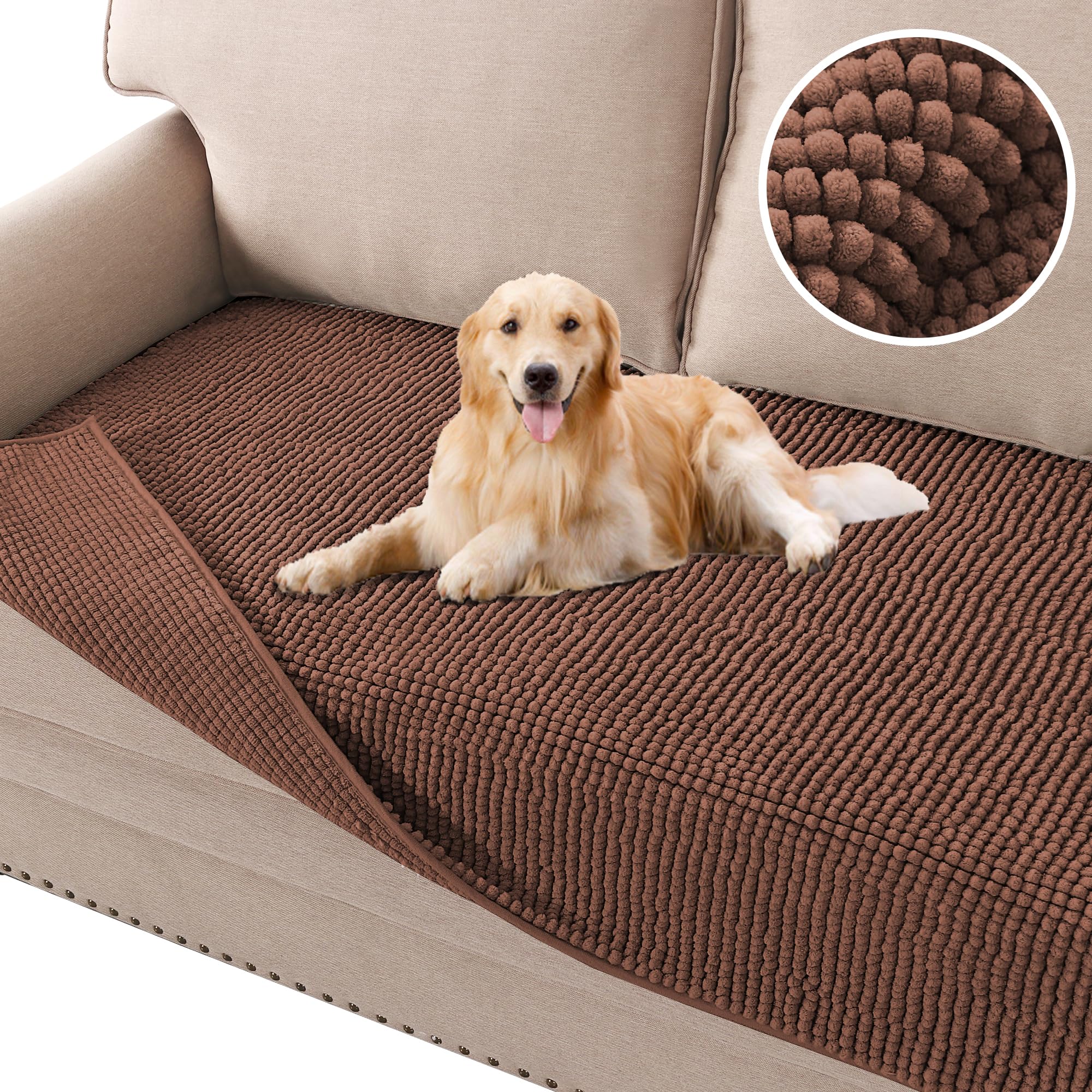 H.VERSAILTEX Plush Chenille Dog Bed Cover Thick Soft Sofa Cover for 3 Cushion Couch Anti Slip Couch Cover Water Resistant Furniture Protector for Dog, Pet, Cat (35" x 74", Caramel)