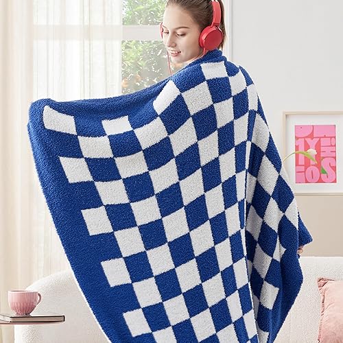 Bedsure Checkered Throw Blanket for Couch - Super Soft, Cozy & Warm Knit Blanket, Breathable, Lightweight & Fluffy for Bed & Sofa, Checkered High Tide, 60x80 Inches