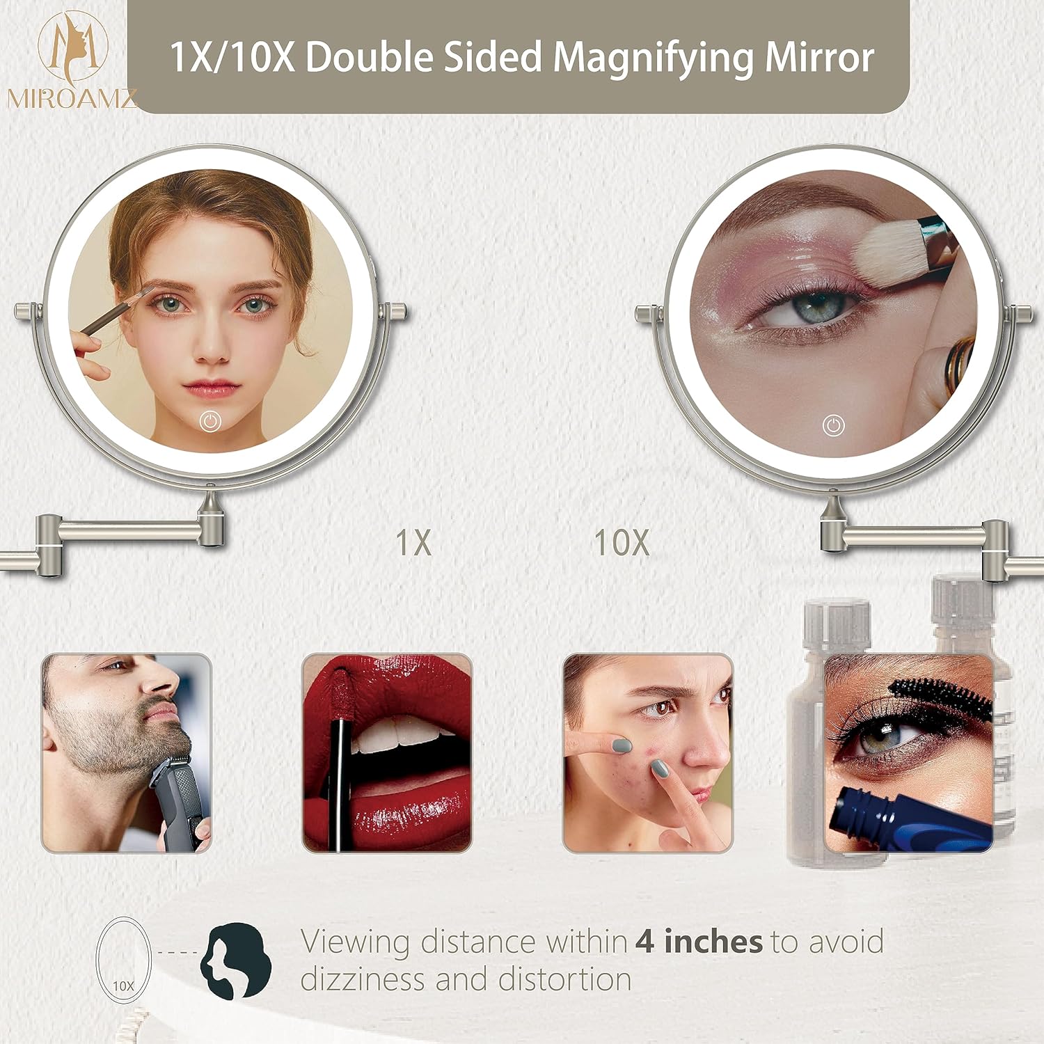 Rechargeable Wall Mounted Lighted Makeup Vanity Mirror 8 Inch Double Sided 1X 10X Magnifying Bathroom Mirror, 3 Color Lighting, Touch Screen, 360 Rotation, Shaving Mirror Brushed Nickel