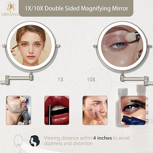 Miniatura 2 de Espejo de tocador de maquillaje iluminado recargable montado en la pared de 8 pulgadas, doble cara, 1 espejo de baño con aumento 10X, iluminación de