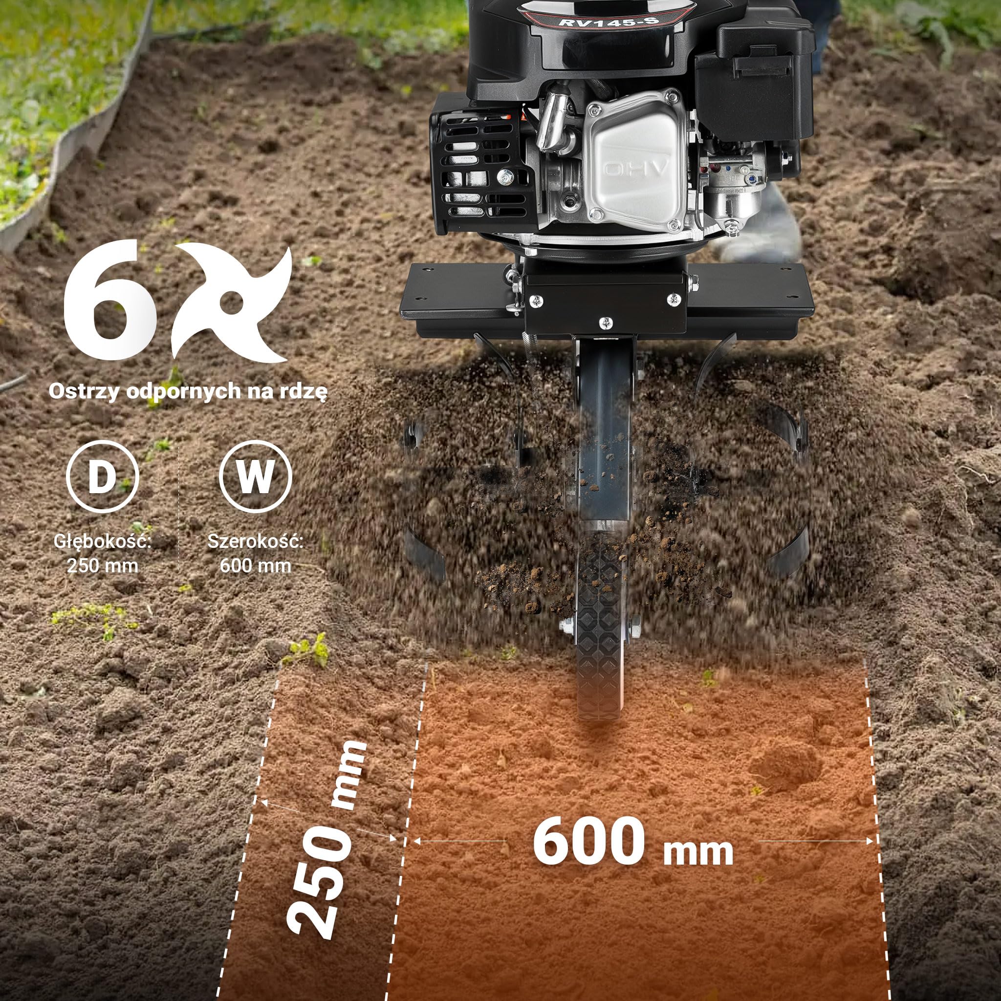Wiltec Glebogryzarka spalinowa o szerokości roboczej 60 cm, kultywator ogrodowy z silnikiem 144 ccm 3,4 KM z 6 tarczami
