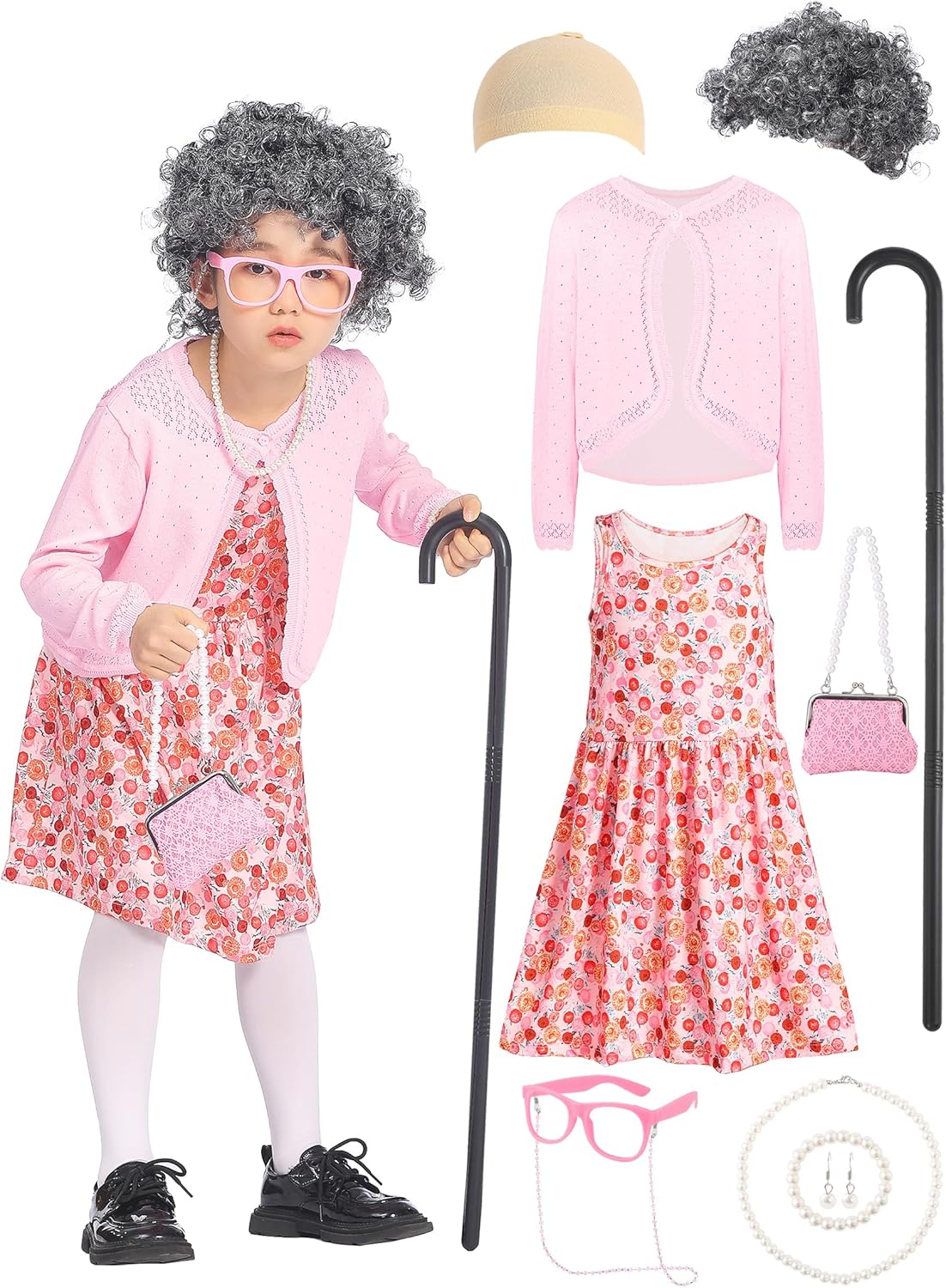 Old Lady Costume Kit 100th Day of School Little Girls with Nightgown Wig Cane & Other Halloween Cosplay