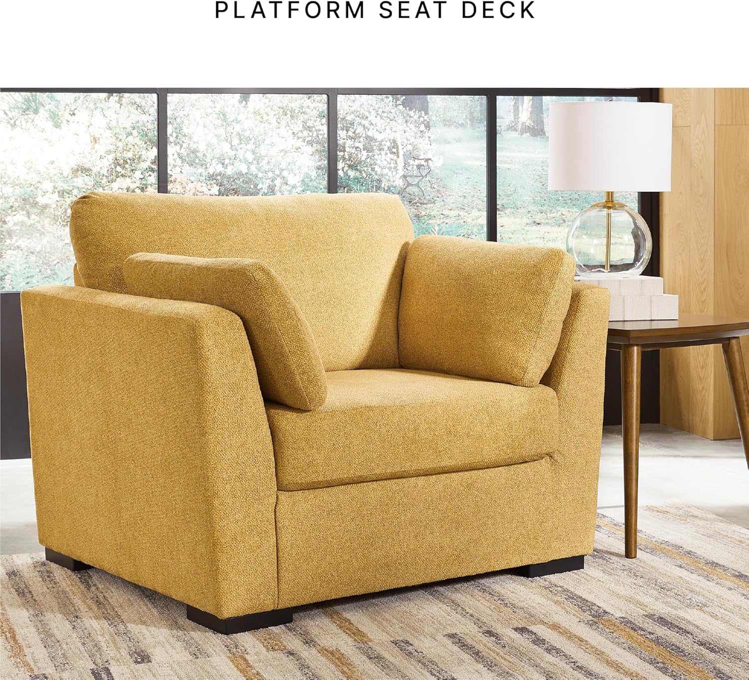 BOWERY HILL Mid-Century Oversized Chair, 48" W x 41" D x 39" H, Polyester Upholstery, Yellow Finish, Solid Wood Frame, Faux Wood Feet, Bolster Pillows Included, Modern Accent Chair for Living Room