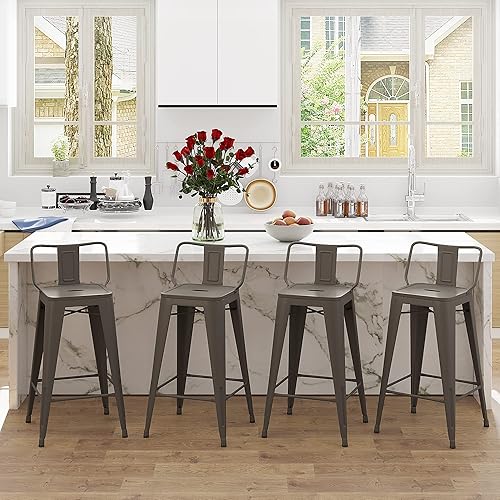 Miniatura 7 de Tongli Juego de 4 taburetes de bar de metal, taburetes de bar de altura de mostrador con respaldo, taburete de bar industrial para interiores,