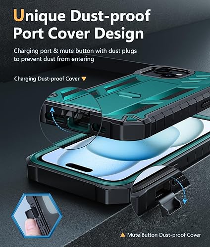 Miniatura 6 de FNTCASE Funda para iPhone 15 protección completa a prueba de golpes de grado militar con función atril, doble capa con textura mate a prueba de