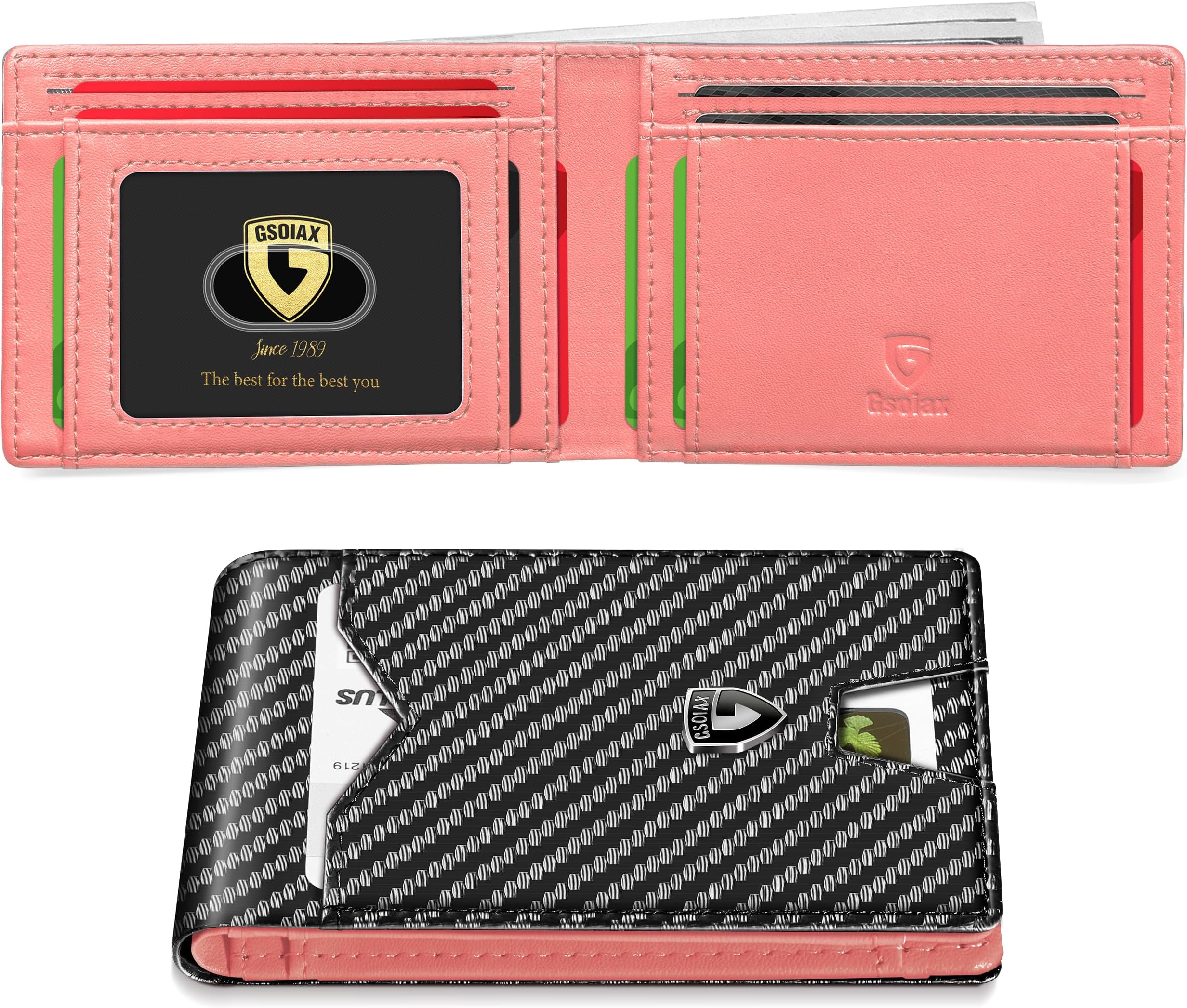GSOIAX Slim Wallet for Men Rfid Blocking Leather Bifold Front Pocket Carbon Fiber Credit Card Holder Novelty Wallets With Gift Box, Pink and Carbon Black