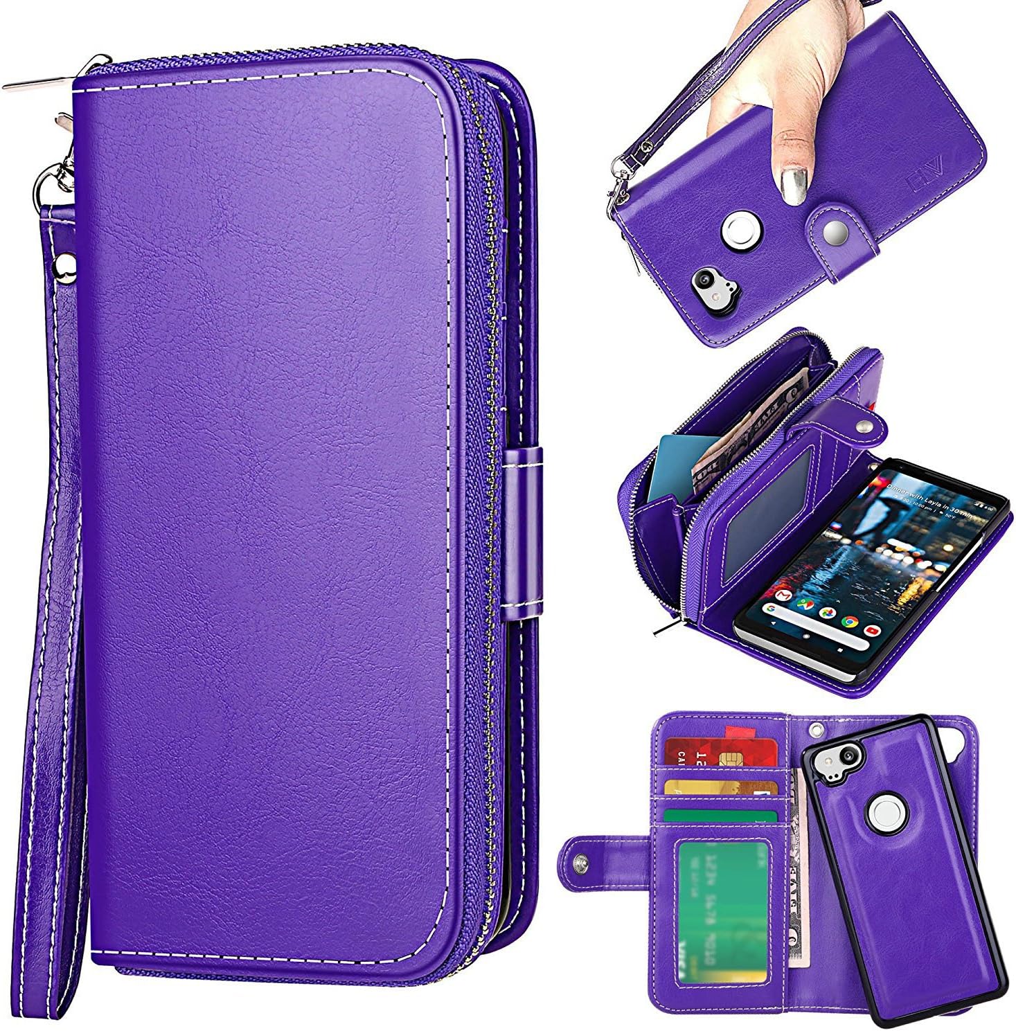 ELV Designed Google Pixel 2 Case [PU Leather] Slim Folio Wallet Purse Protective Magnetic Closer [Pull tab] Cover for Google Pixel 2 - Purple