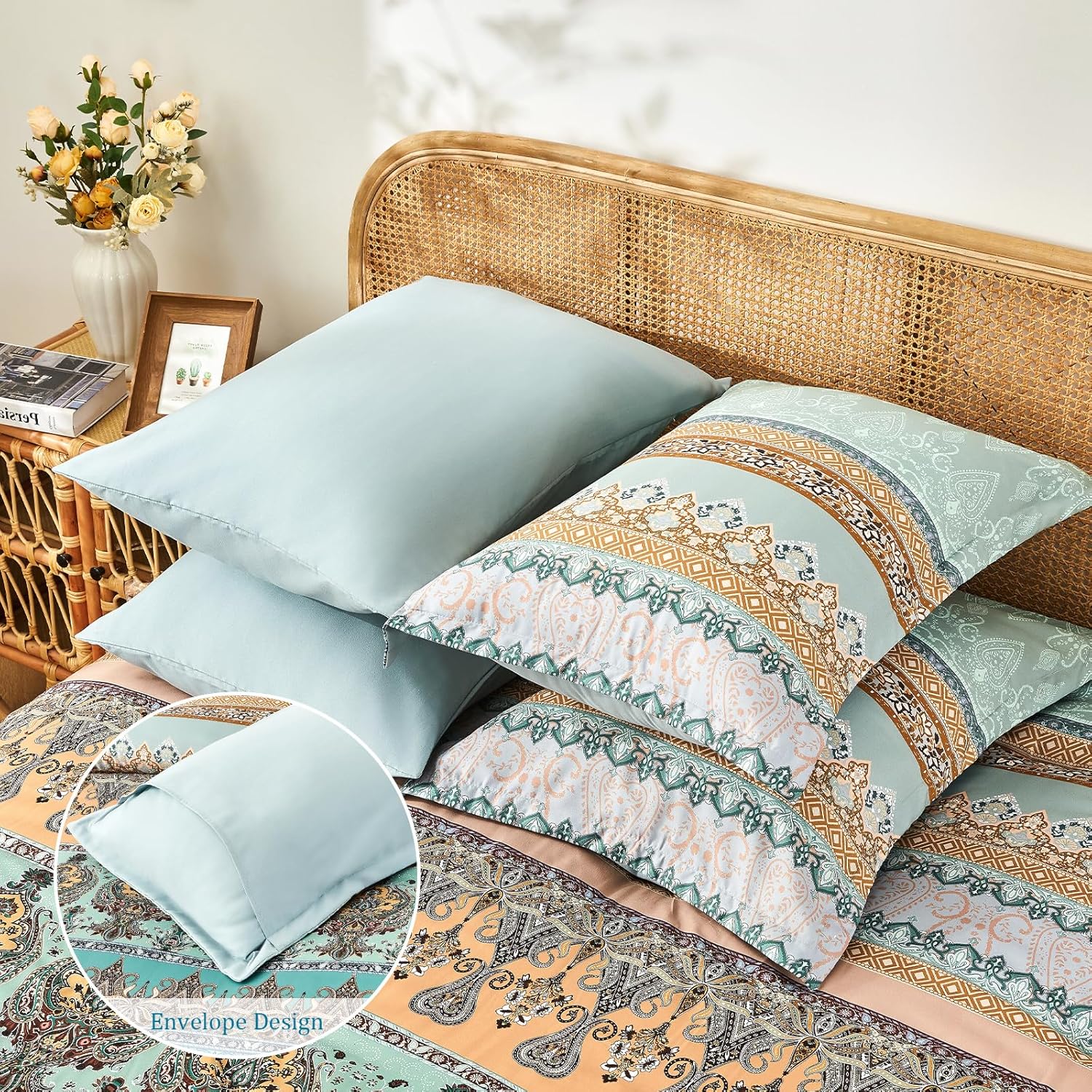 Boho Comforter Set Queen - 7 Pieces Bed in a Bag, Bohemian Striped Comforter Set with Sheets, Soft Microfiber Sage Green Floral Bedding Set for All Season - Image 4