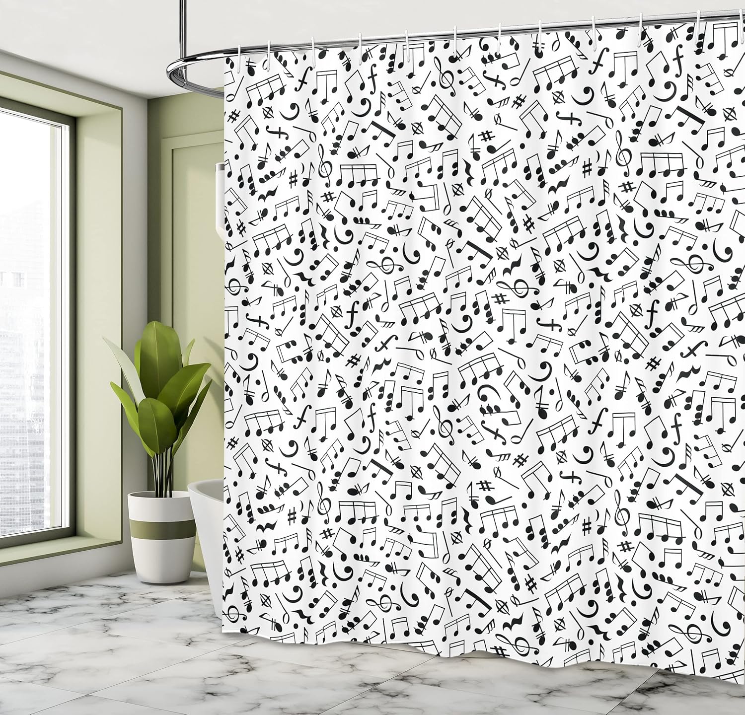 Ambesonne Black and White Shower Curtain, Musical Composition with Notes Quavers Chords Treble Clefs Sheet Elements, Cloth Fabric Bathroom Decor Set with Hooks, 69" W x 75" L, Black White