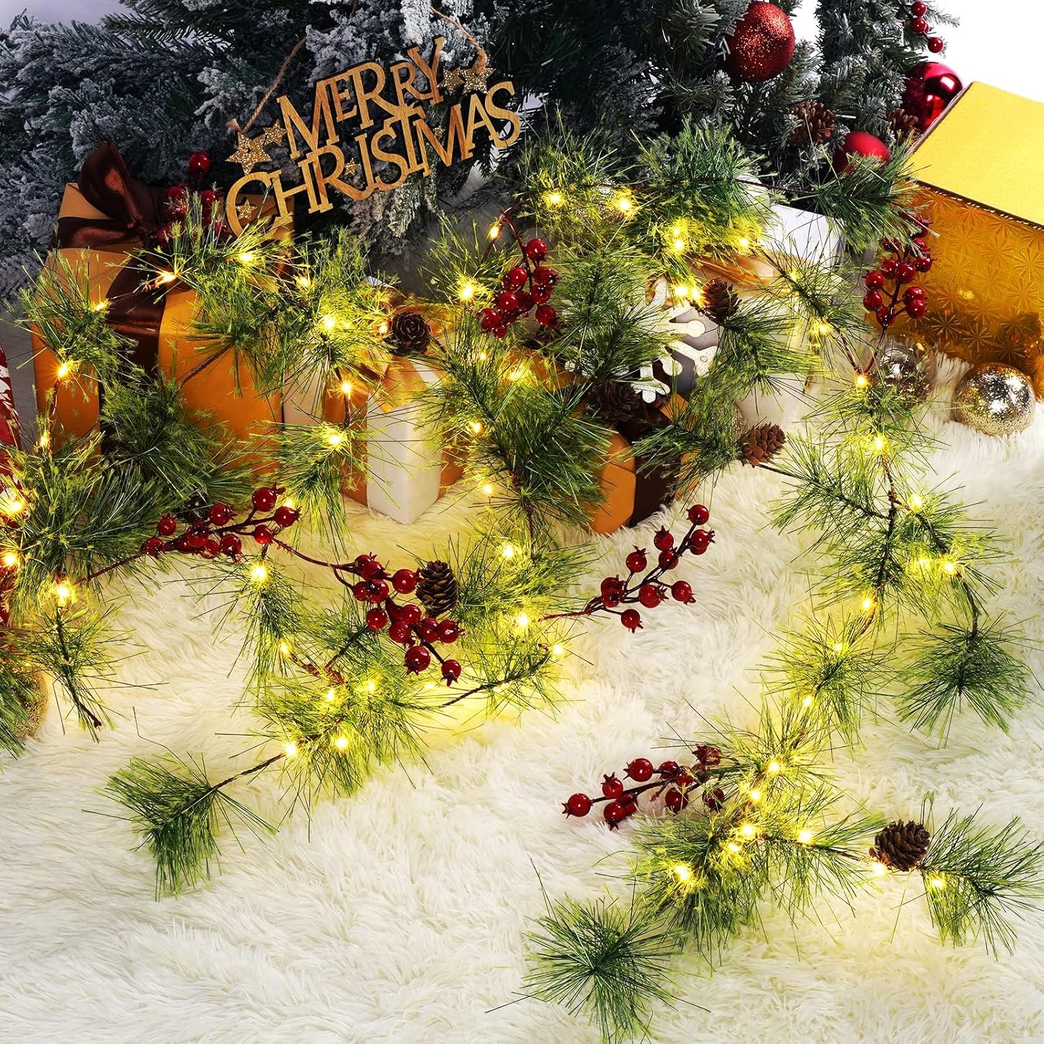 Christmas Garland with Lights, 6 FT Battery Operated Garland with 60 LED Lights, Timer, Lighted Garland with Berries Pine Cones for Mantle Stairs Railing Home Xmas Decoration Indoor