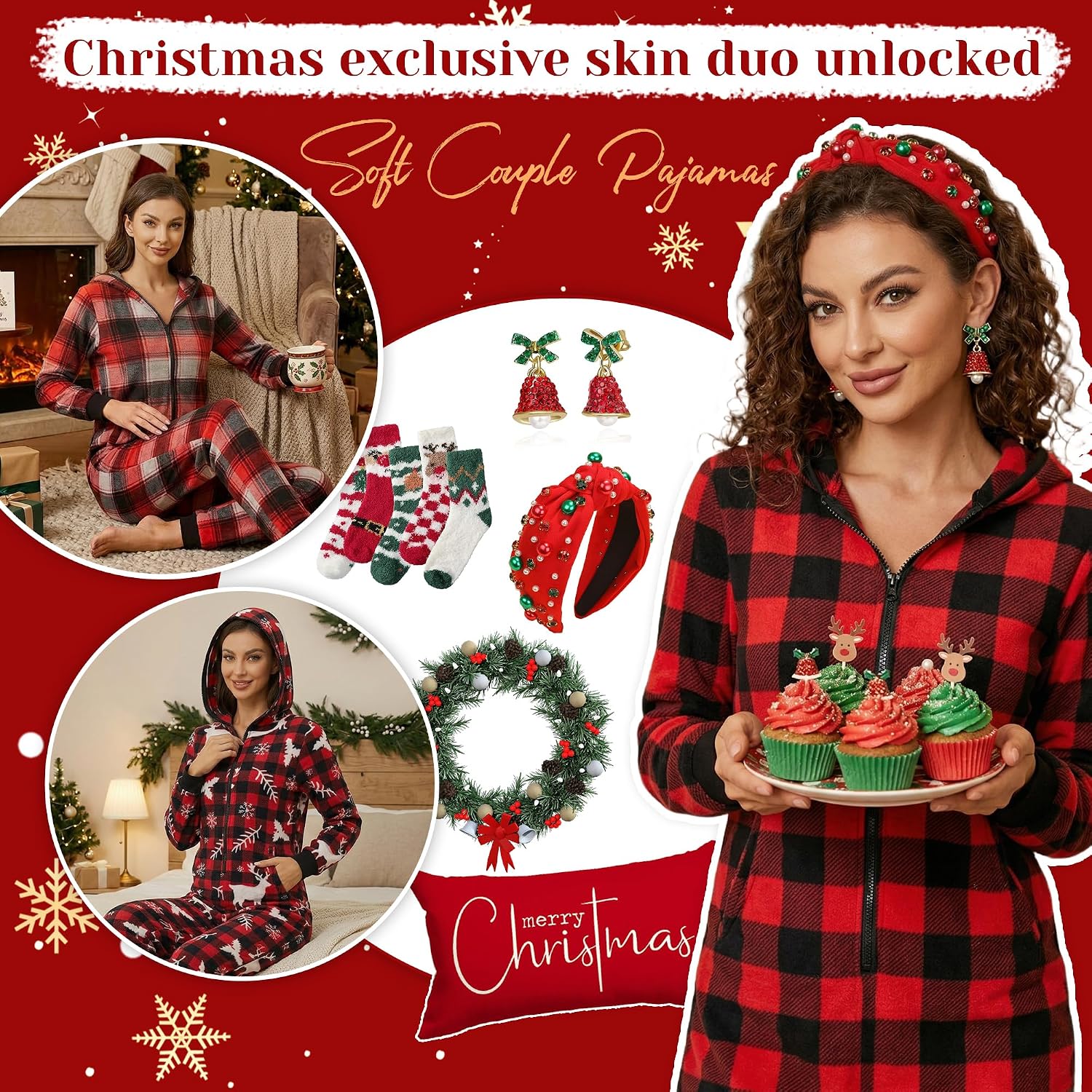 U2SKIIN Couple Onesie Pajama Sets, Hooded Zipper Christmas Matching Plaid Pjs Set for Men and Women Soft Warm Jumpsuit