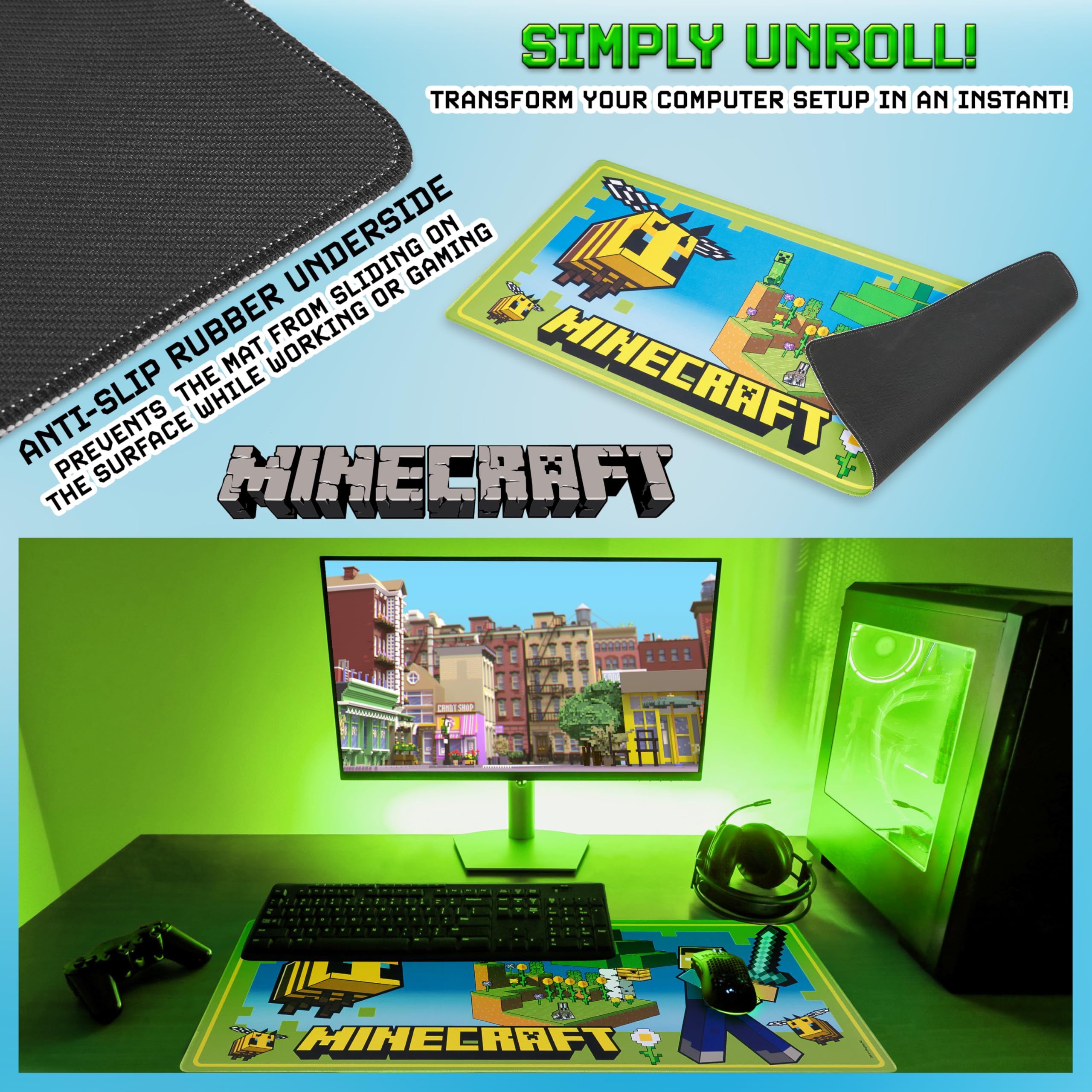 Minecraft Tapis de Souris Pour Enfants et Adolescents, Tapis De Bureau Antidérapant 80 x 35 cm (Vert)