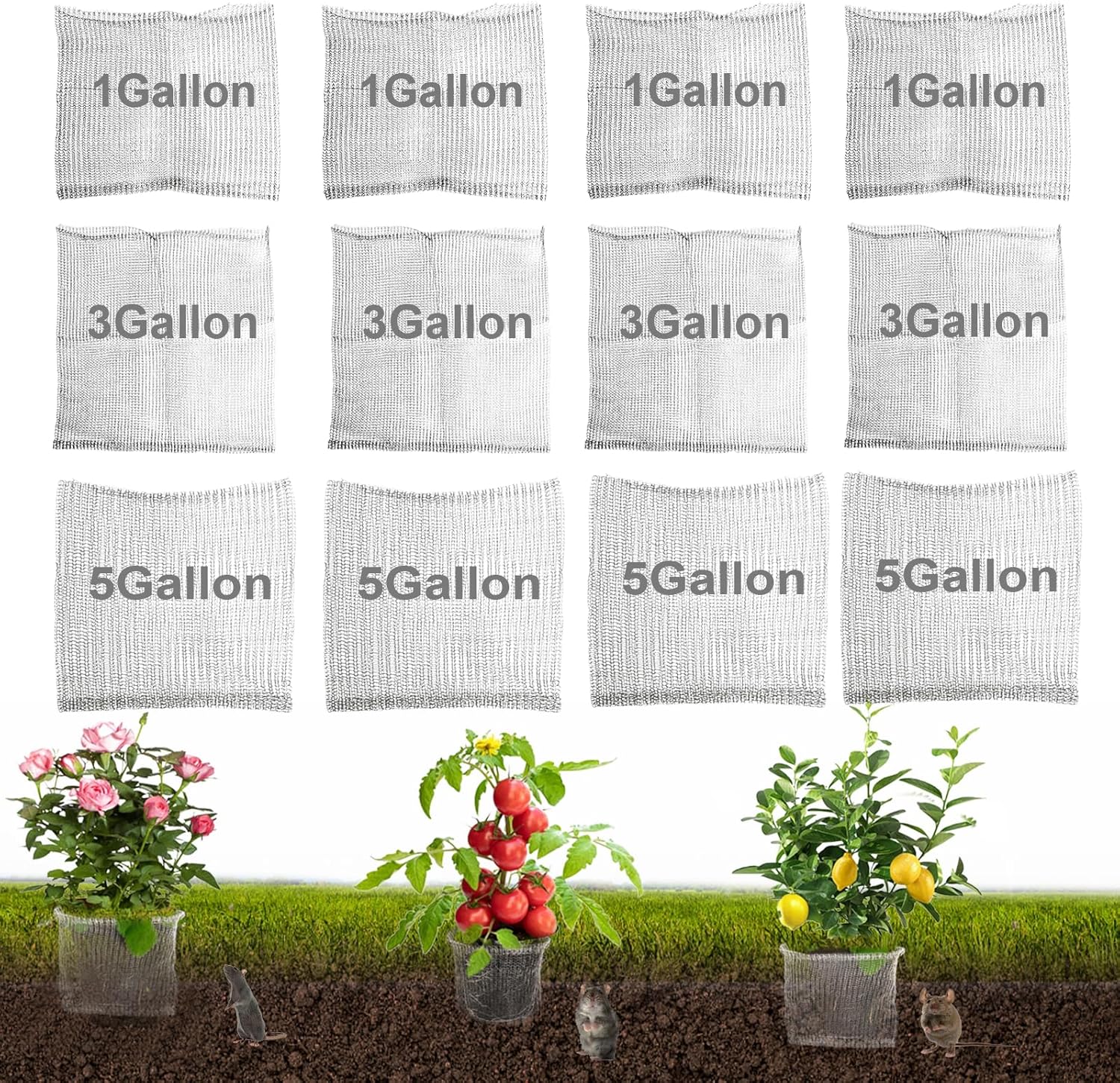 30PACK Go-pher and V-ole Wire Baskets 1 Gallon 3 Gallon 5 Gallon, Stainless Steel 1 Gallon Plant Root Go-pher Baskets for Underground, Fruit Protection Wire mesh Bags (100% Protection)