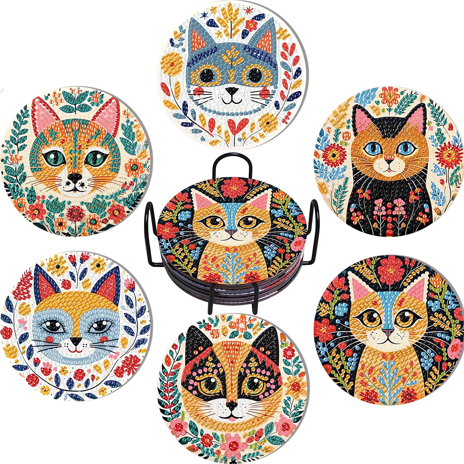 6 Pack Katze Diamant Untersetzer Set with Holde,DIY Katze Diamanten Kunst rutschfest Untersetzer Handwerk Kits für Erwachsene&Kinder Anfänger Geschenke
