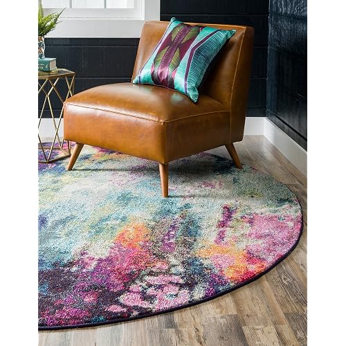 Unique Loom Chromatic Collection Modern Colorful & Vibrant Abstract Area Rug For Any Home Décor (8' 0 x 8' 0 Round, Multi/ Light Blue)
