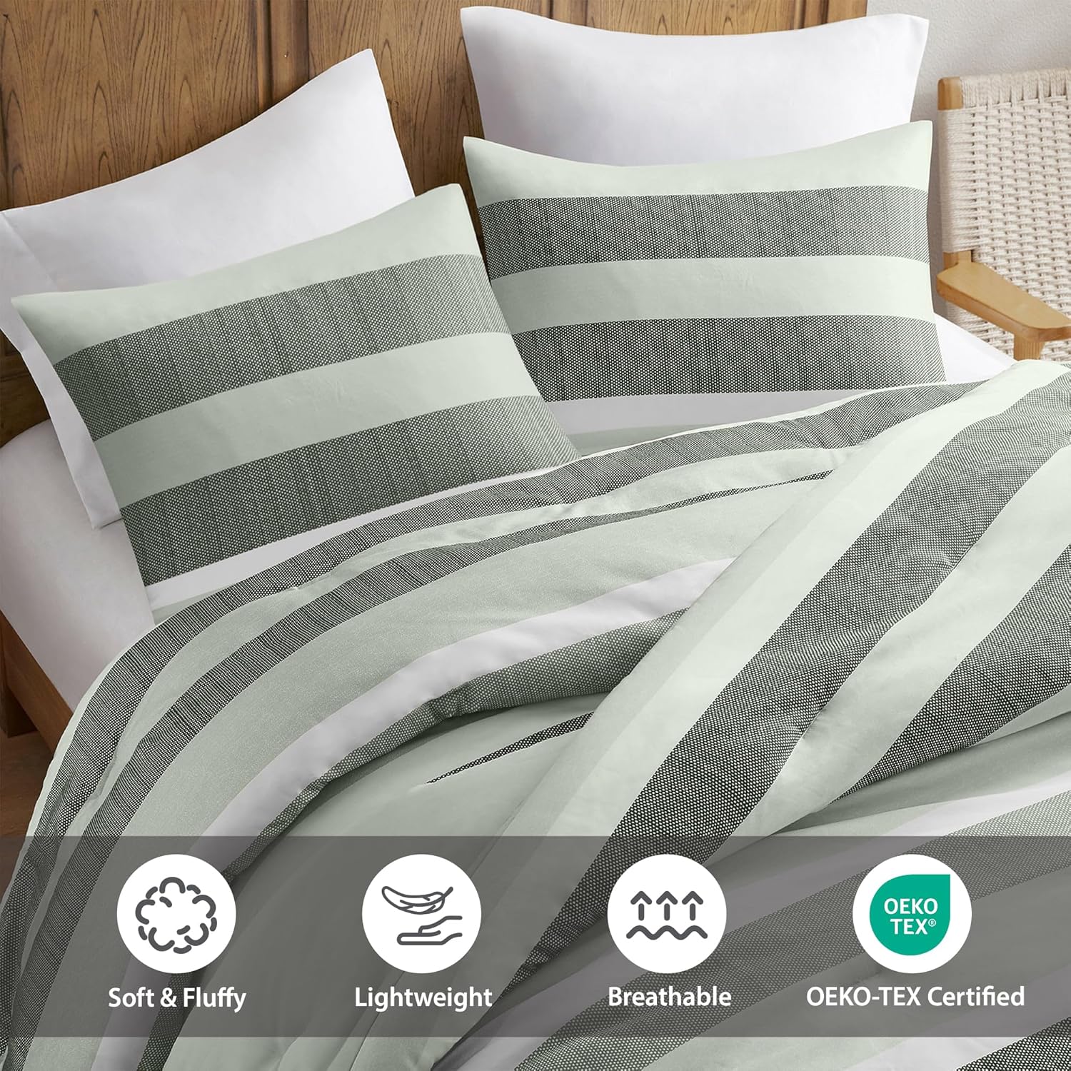 King Comforter Set, 3 Pieces Striped Bed Set, Soft Brushed Microfiber Reversible Bedding Set for All Season, Lightweight & Breathable Bedding Set with Comforter & Shams, Sage Green - Image 8