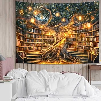 Fantasy Library Tapestry, Mysterious Forest Tree Magic Bookshelf Aesthetic Tapestries , Witchy Fairytale Vintage Bookshelf Book Art Tapestry Wall Hanging for Classroom College Room Bedroom, 60X40IN