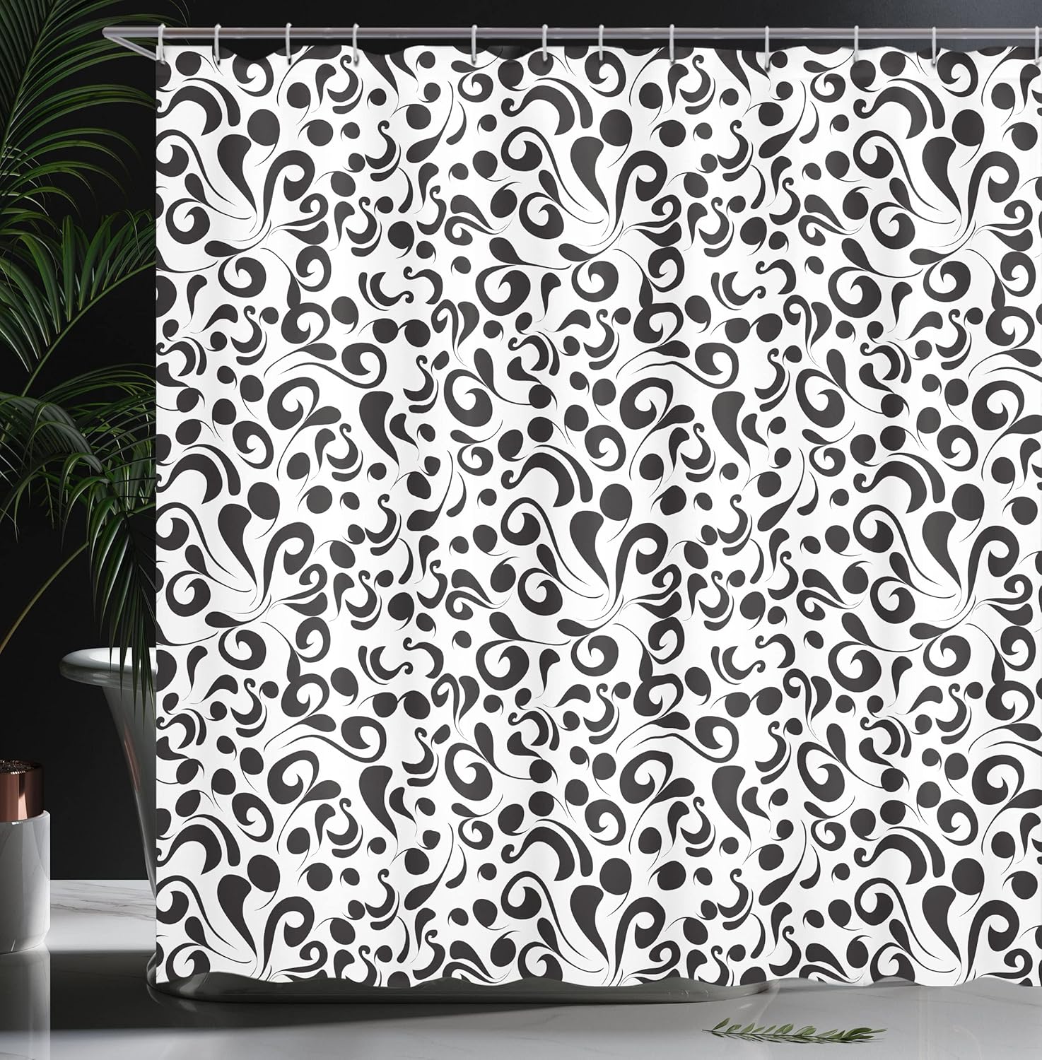 Ambesonne Black and White Shower Curtain, Curly Lines and Swirls Nature Abstraction Floral Style Leaf Shapes Art, Cloth Fabric Bathroom Decor Set with Hooks, 69" W x 75" L, White Black