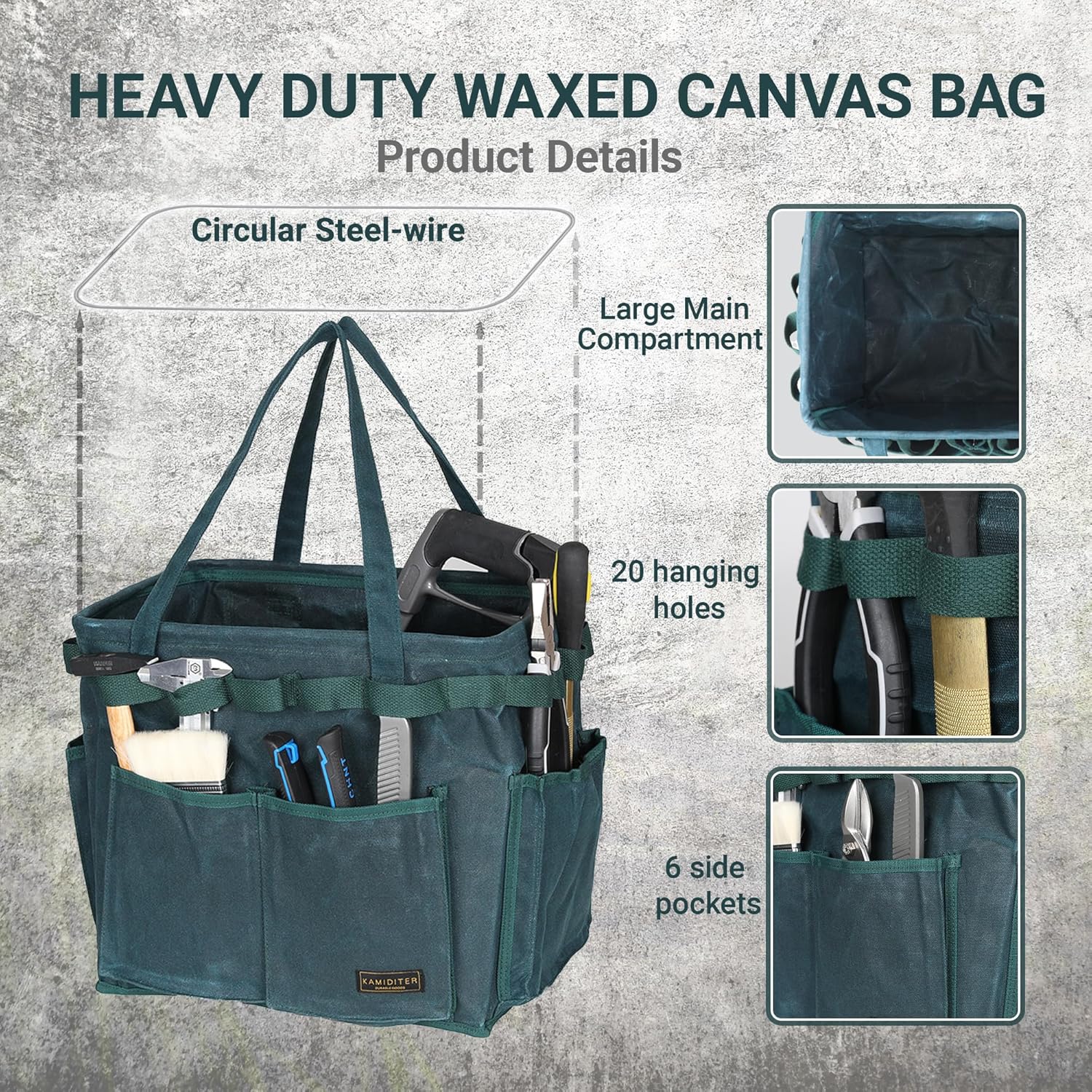 Collapsible Waxed Canvas Tool Pouch with 23 Hanging Holes - Reusable Grocery Bags with Handles for Garden/Camping/Tools/Car Trunk Storage, 14" x 13" x 10" | Dark Green - Image 3