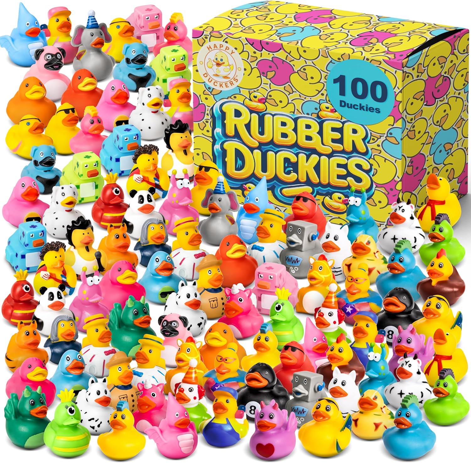 Rubber Ducks - 100 Piece Bulk Pack for Bath, Pool, Party, Cruise, Jeep Ducking, Decoration & More - Small Assorted Funny Toy Duckies with Gift Box