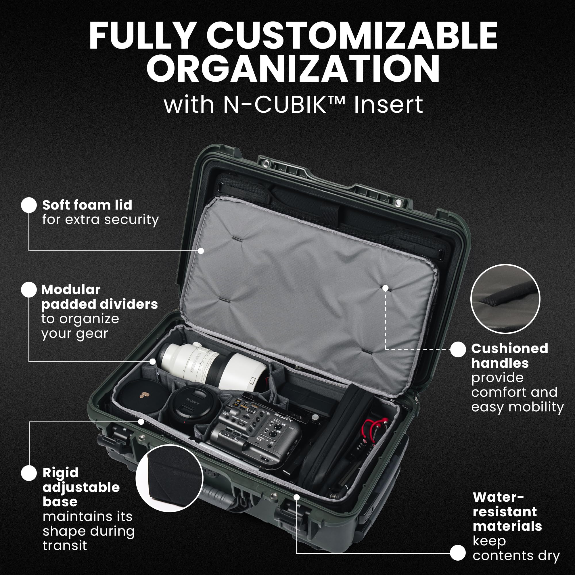 NANUK Media Series 935 Custodia rigida impermeabile con ruote N-Cubik 13L inserto e coperchio organizer, nero, Nero, Custodia