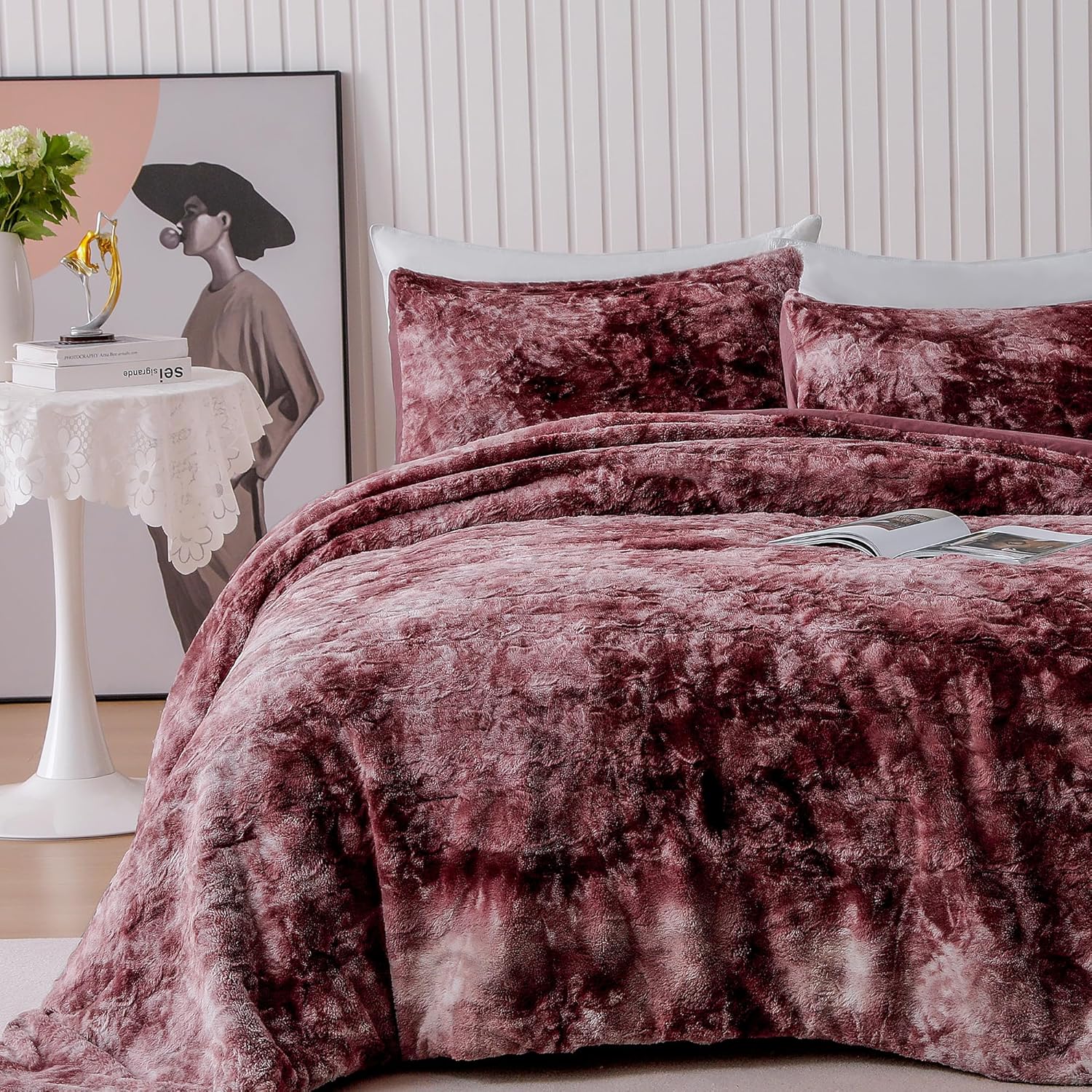 SHALALA Faux Fur Comforter Set King Size 3 Pieces Fluffy Fuzzy Plush Comforter Set