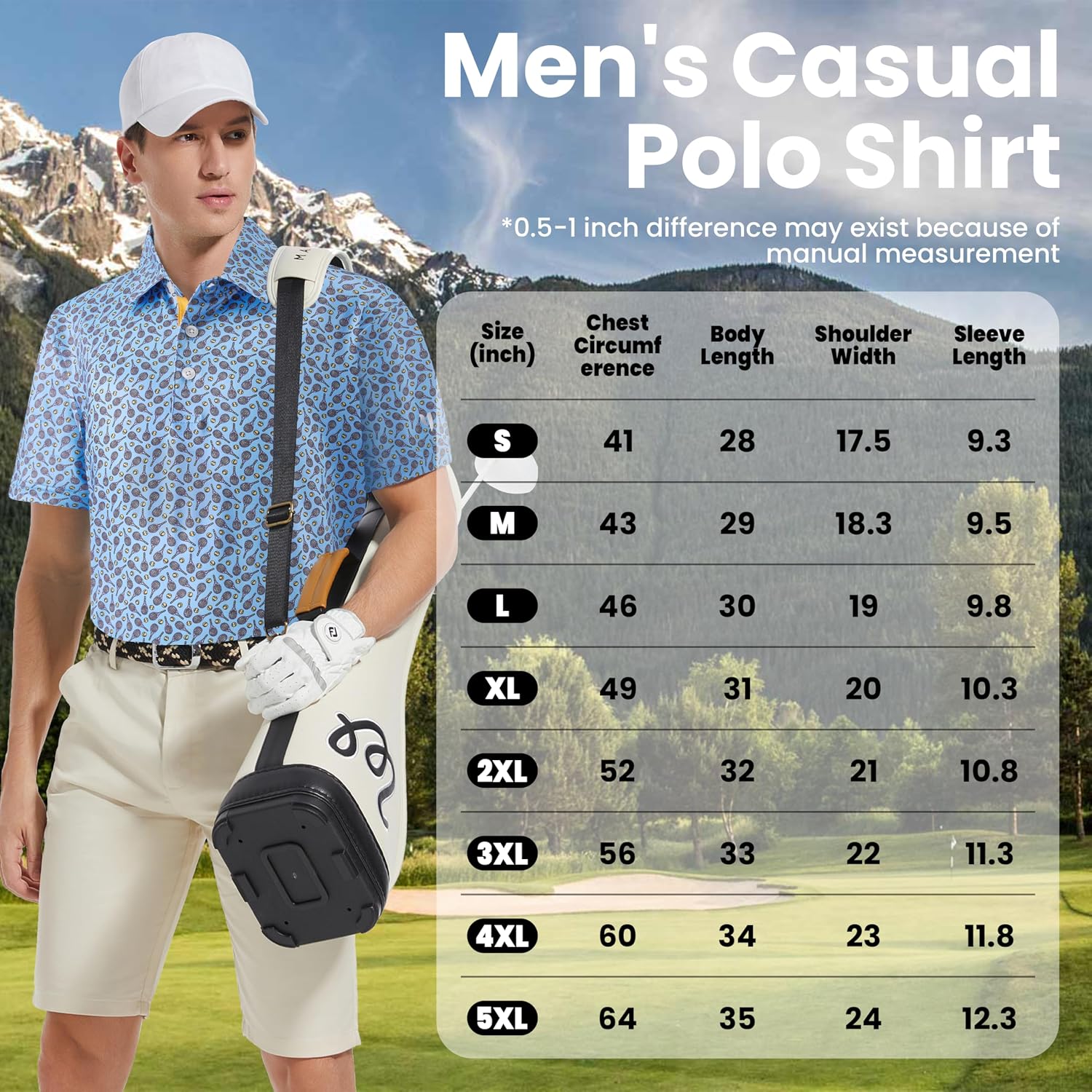 Mens Golf Shirt Moisture Wicking Dry Fit Print Performance Short Sleeve Polo Shirts for Men