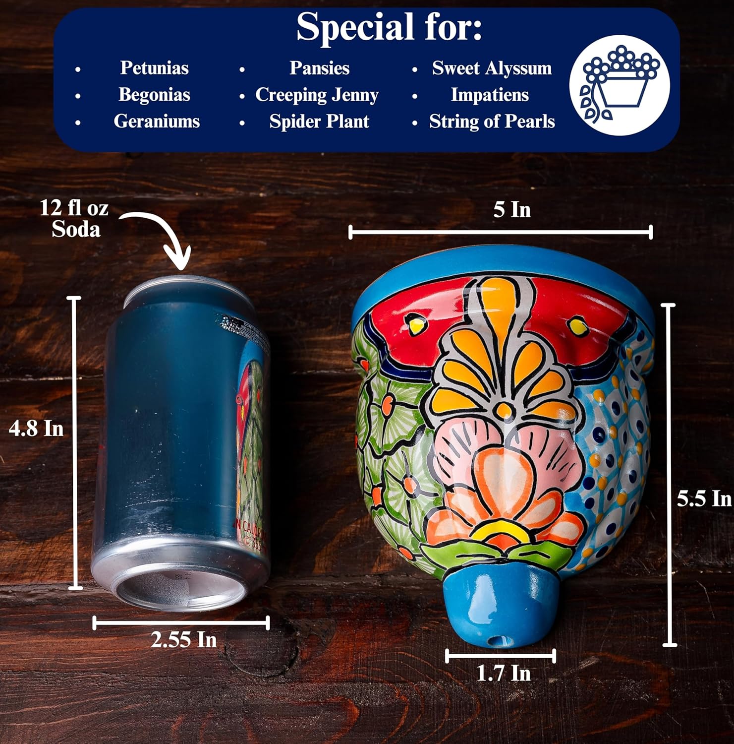Mexican Pottery Planters - Wall Talavera Planter - Mexican Yard Pottery - Talavera Pots for Plants Indoor & Outdoor – 5" W x 5.5" H (Turquoise-Small)