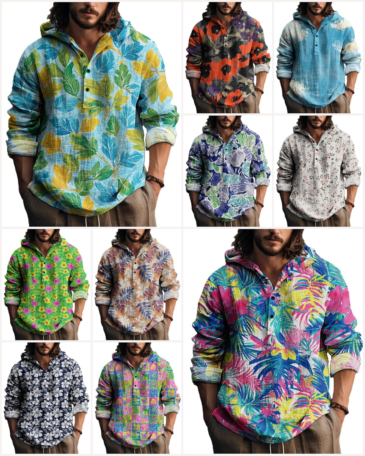 MARSVOVO Hawaiian Mens Hoodie 3 Button Long Sleeve Hooded Shirts Loose Casual Stylish Beach Henley Shirt for Spring Fall - Image 2
