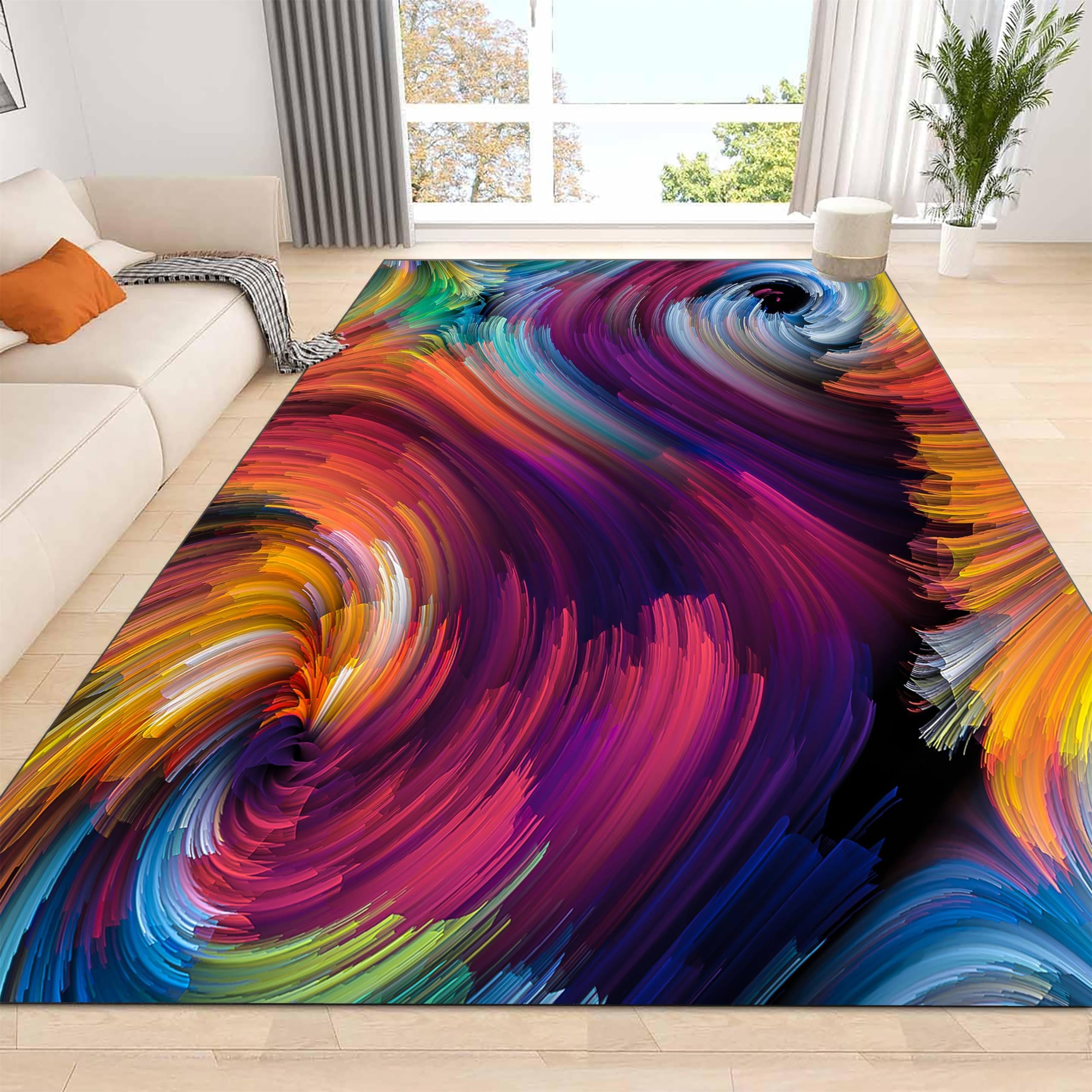 Modern Abstract Rugs for Living Room Dining Room Bedroom Office Bathroom Rugs Washable Slim Non-Slip Rugs Colorful Lines Swirl Rugs Soft Indoor Decorative Rugs 4x6ft