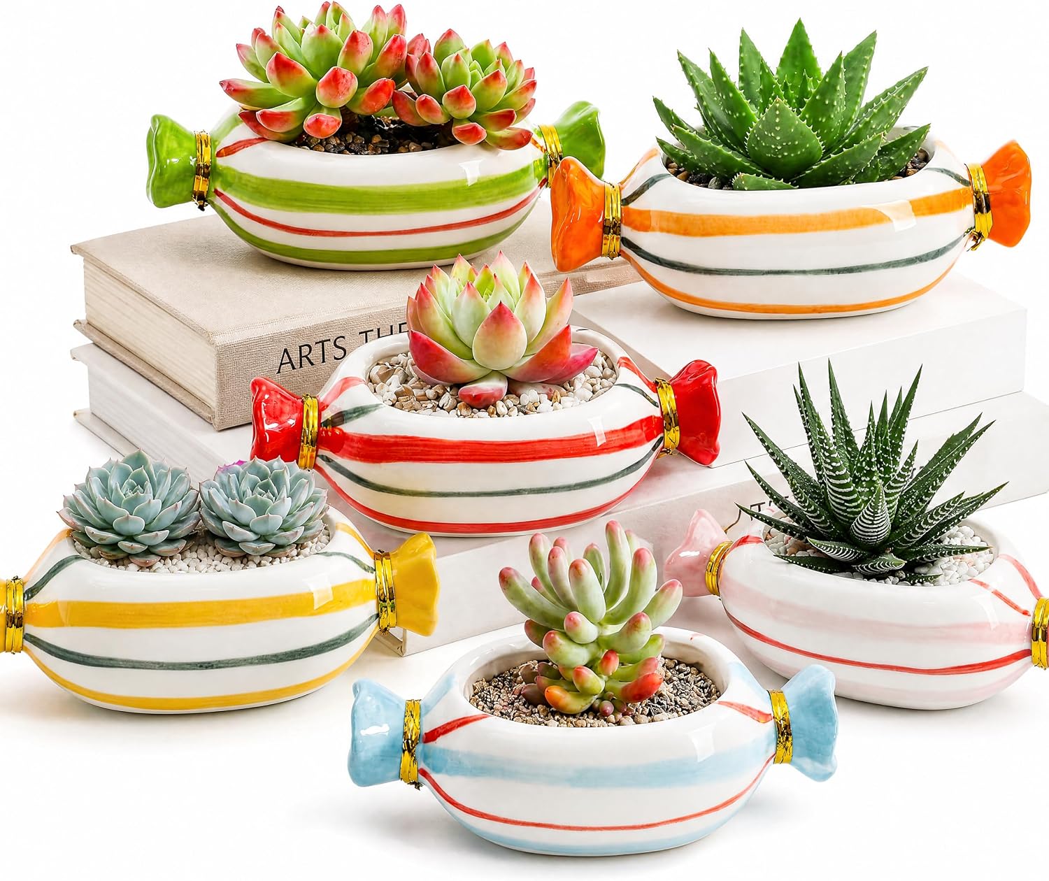 Pumtus 6 Pack Small Ceramic Succulent Pots, 5 Inch Cute Mini Planter with Drainage Hole, Colorful Candy Shape Cactus Flower Pot, Desktop Bonsai Garden Pots for Indoor Outdoor Use, Home Decor Gift