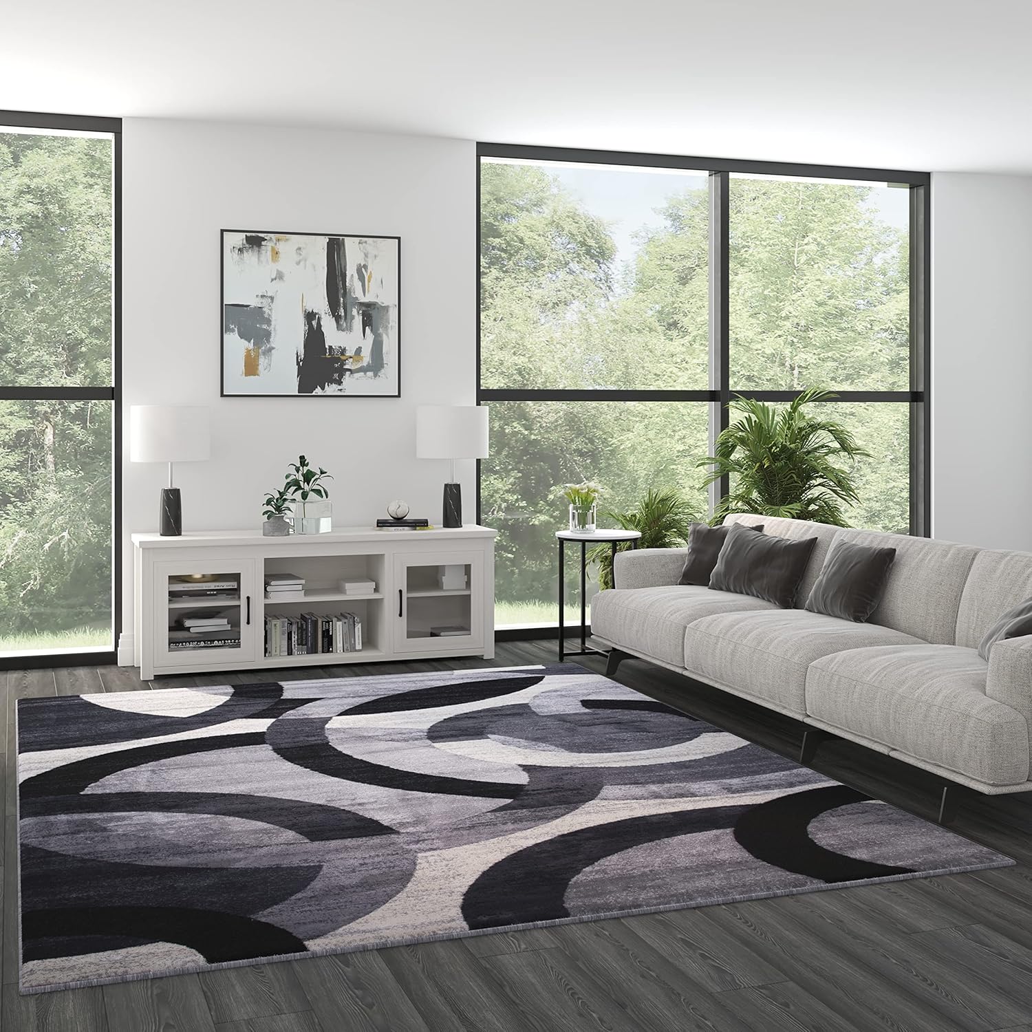 Masada Masada Rugs, Thatcher Collection Accent Rug with Interlocking Circle Pattern in Black and Grey with Olefin Facing and Natural Jute Backing - 8'x10'