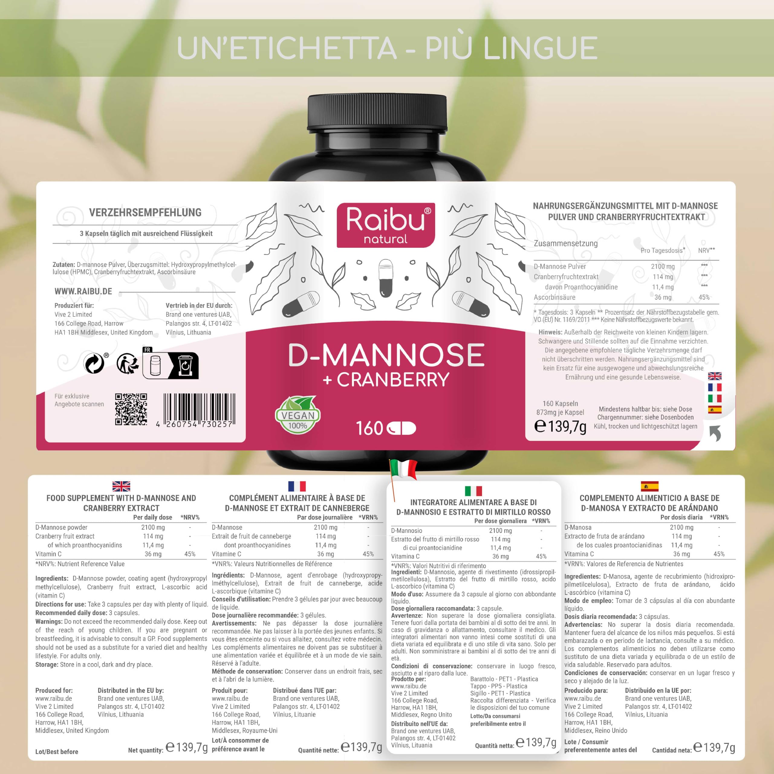D-Mannosio PURO 2100mg, con Mirtillo Rosso I D Mannosio per Cistite I 160 Capsule I Vegan e Senza Additivi, Testato in laboratori I Integratore per Benessere e Supporto Vie Urinarie I Raibu