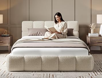 Luxury Cloud Teddy Boucle King Size Bed Frame 5ft, Modern Teddy Boucle Upholstered Design, Luxury King Size Beds for Stylish Bedrooms, Strong 5ft Bed Frame with Wooden Slats in Ivory Boucle