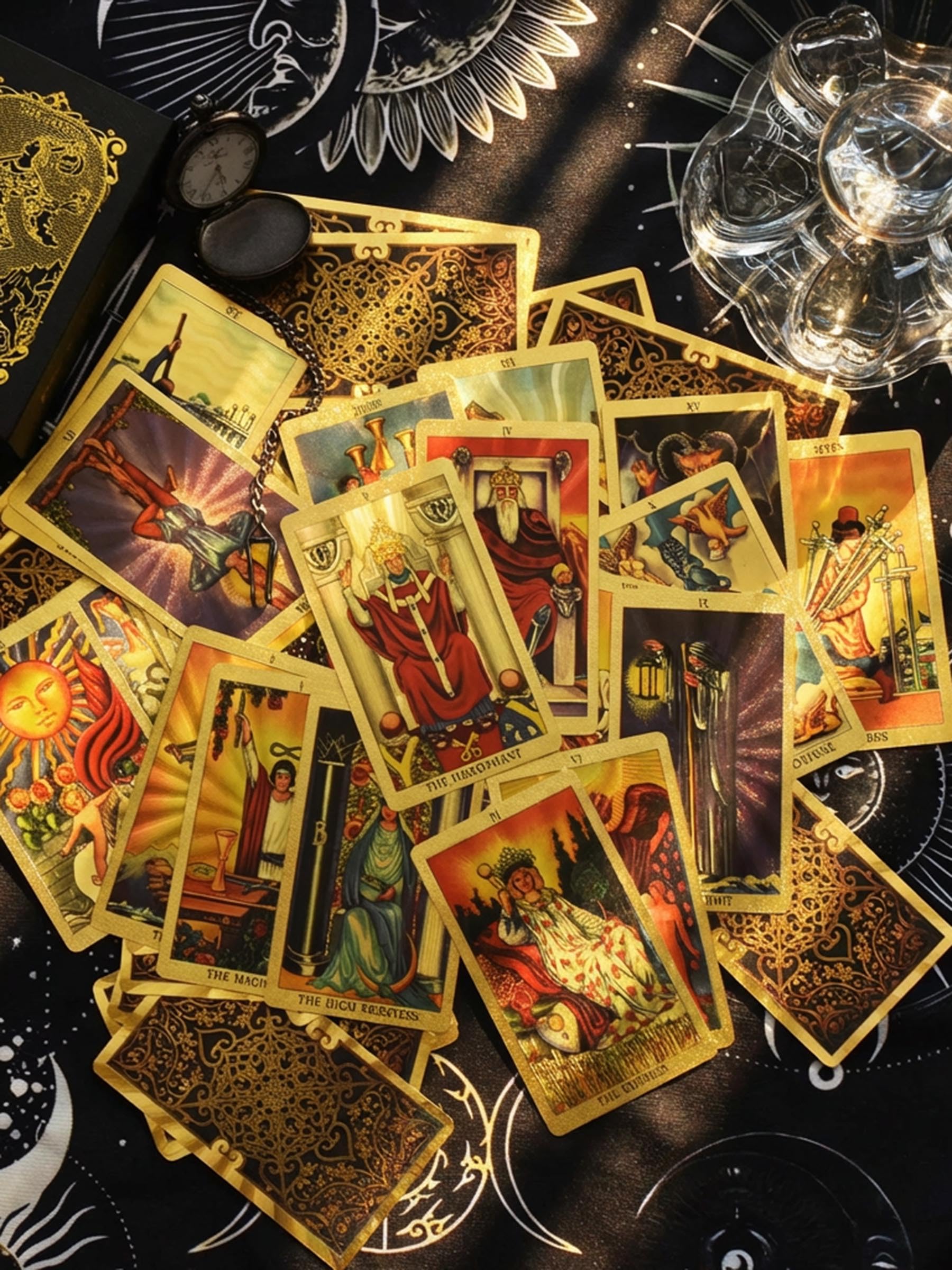 Tarot Rider Waite Dorado, 78 Cartas de Tarot con Guía en Inglés de 36 Páginas, PVC Impermeable y Antiarrugas, Diseño Loto Dorado para Principiantes y Coleccionistas