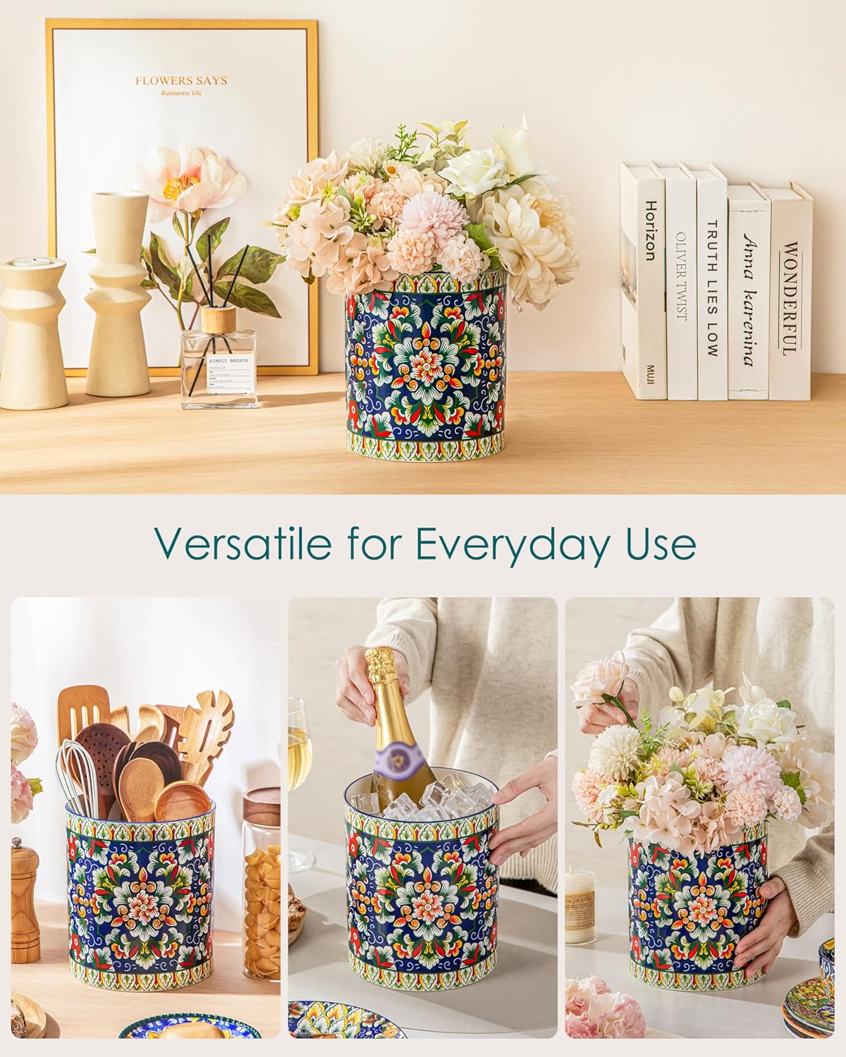 vancasso SIMI Utensil Holder, 7.3"+5.5" Porcelain Kitchen Utensil Holder for Countertop, Bohemian Kitchen Utensil Organizer for Spatulas, Spoons, Decorative Counter Utensil Crock, Verdant Jewel