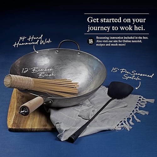 Miniatura 2 de Mammafong Juego tradicional de wok de acero al carbono con fondo redondo martillado a mano con espátula Wok y cepillo de bambú (wok de 14 pulgadas