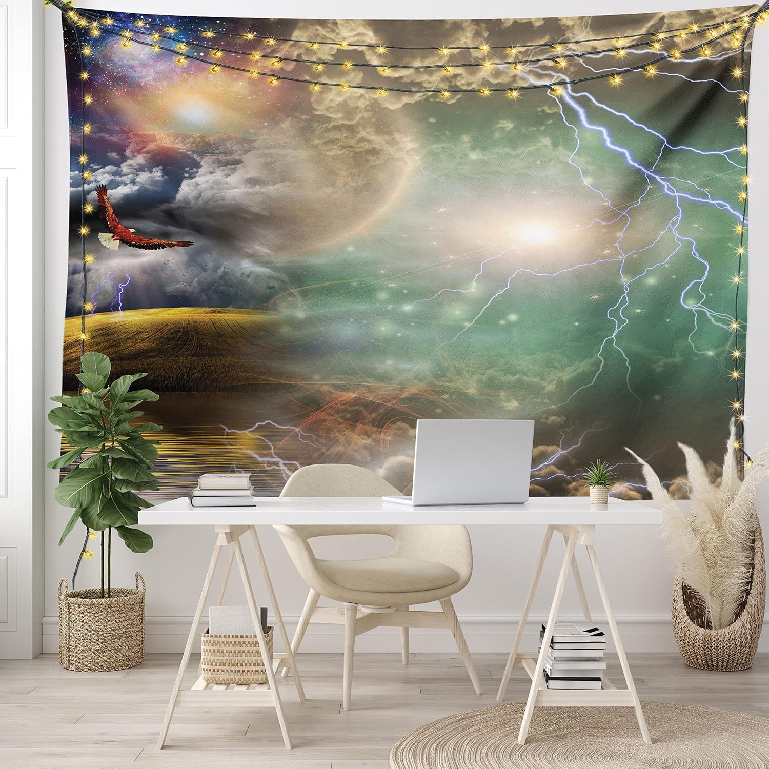 Ambesonne Fantasy Tapestry, Different Sky Celestial Events with an Eagle Thunderstorm Clouds Outer Space Image, Wide Wall Hanging for Bedroom Living Room Dorm, 60" X 40", Purple Yellow