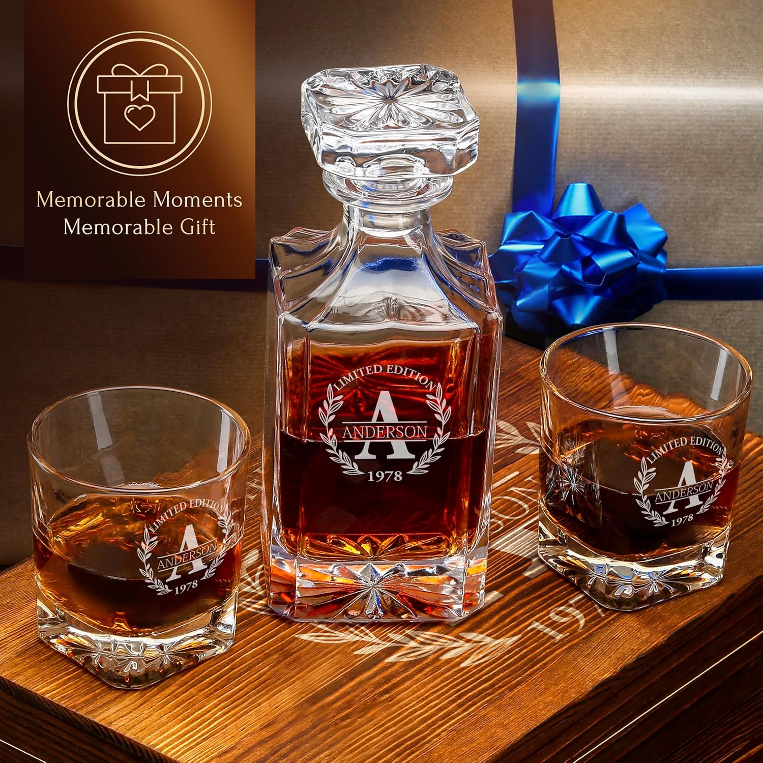 Personalized Whiskey Decanter and Glasses Set - Customized in USA Gift for Him - Men, Dad, Father, Brother, Son - Engraved 30 oz/ 890ml Classic Whiskey Decanter, 4 Classic Glasses in Wooden Gift Box