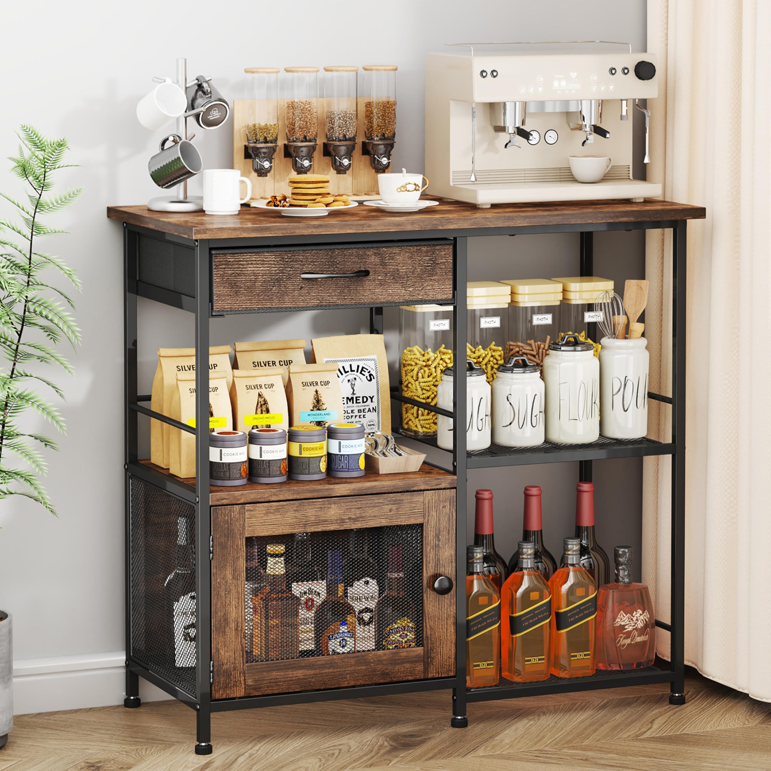 SWTYMIKI 33.31''x14.25'' Coffee Bar Cabinet - Large Farmhouse Coffee Stand Station Multi-Purpose Buffet Sideboard Cabinet with Drawers - Kitchen Bar Table for Living Room, Small Space, Espresso