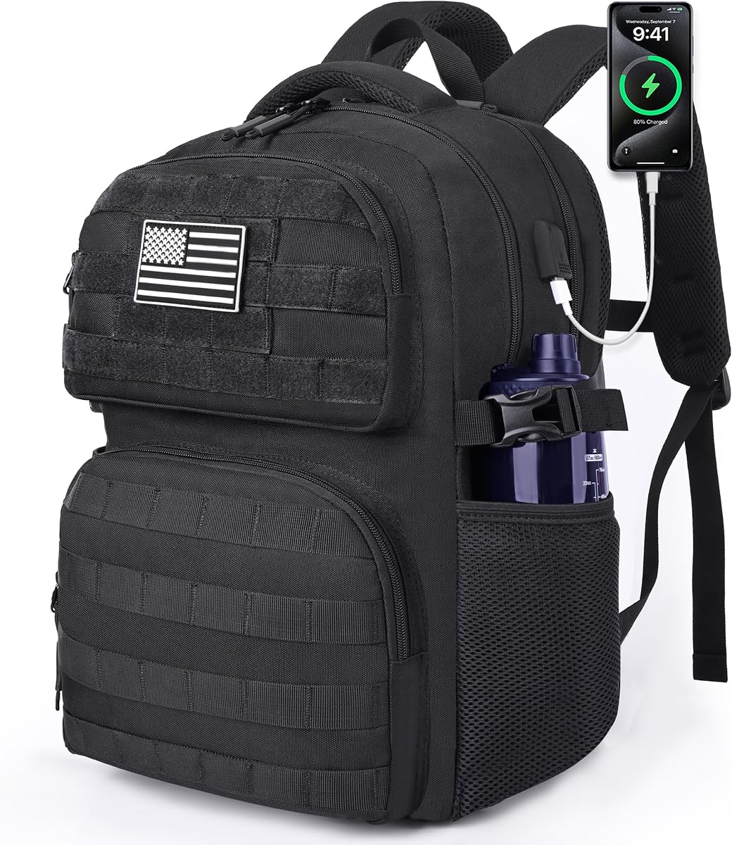 MOZETO 17 Inch Laptop Backpack, Large Tactical Inspired Travel Bag | USB Charger Port Computer Bag 18x14x8 Flight Approved Personal ltem Carry on Travel Backpack