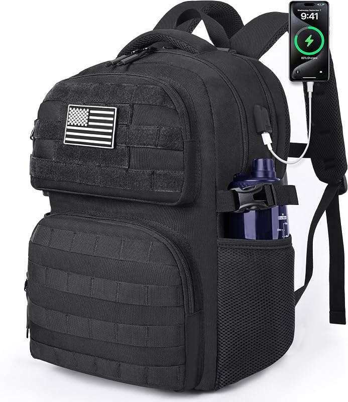 MOZETO 17 Inch Laptop Backpack, Large Tactical Inspired Travel Bag | USB Charger Port Computer Bag 18x14x8 Flight Approved Personal ltem Carry on Travel Backpack