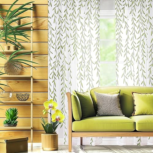 Miniatura 8 de Cortinas transparentes de 108 pulgadas con diseño, juego de 2 paneles para ventanas, cortinas verdes con patrón de hojas de vid verde, cortinas