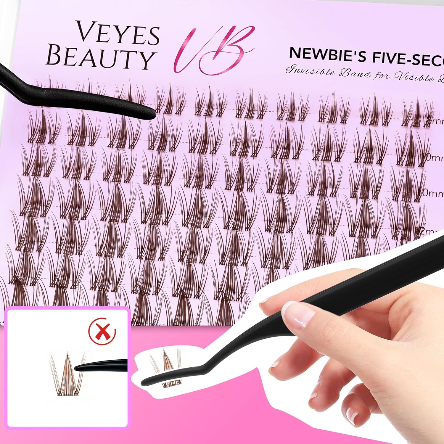 VEYESBEAUTY Brown Manga Lash Clusters Kit Eyelash Extensions Thin & Invisible Band DIY Individual False Eyelashes Newbie's Five-Second Series Wispy Lash Tray, with Clear Bond&Seal Remover Applicator