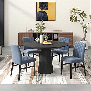 Roundhill Furniture Butler 5-Piece Round Dining Set, Pedestal Dining Table with 4 Side Chairs, Blue