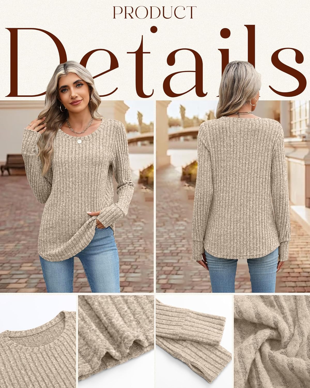 Huukeay 3 Pack Women's Long Sleeve Sweaters Lightweight Crew Neck Tunic Tops with Thumb Holes Loose Ribbed Curved Hem Shirts - Image 4