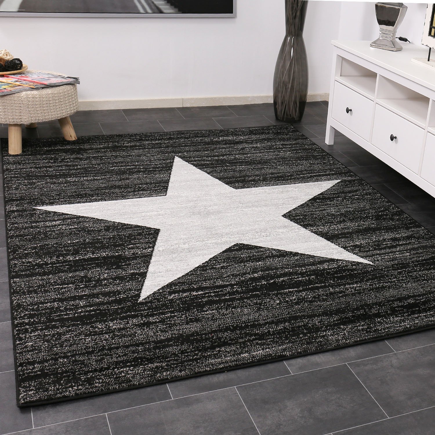 VIMODA Teppich Kurzflor Sternmuster Modern in Schwarz für Jugendzimmer, kinderzimmer, Wohnzimmer, Maße:160x220 cm