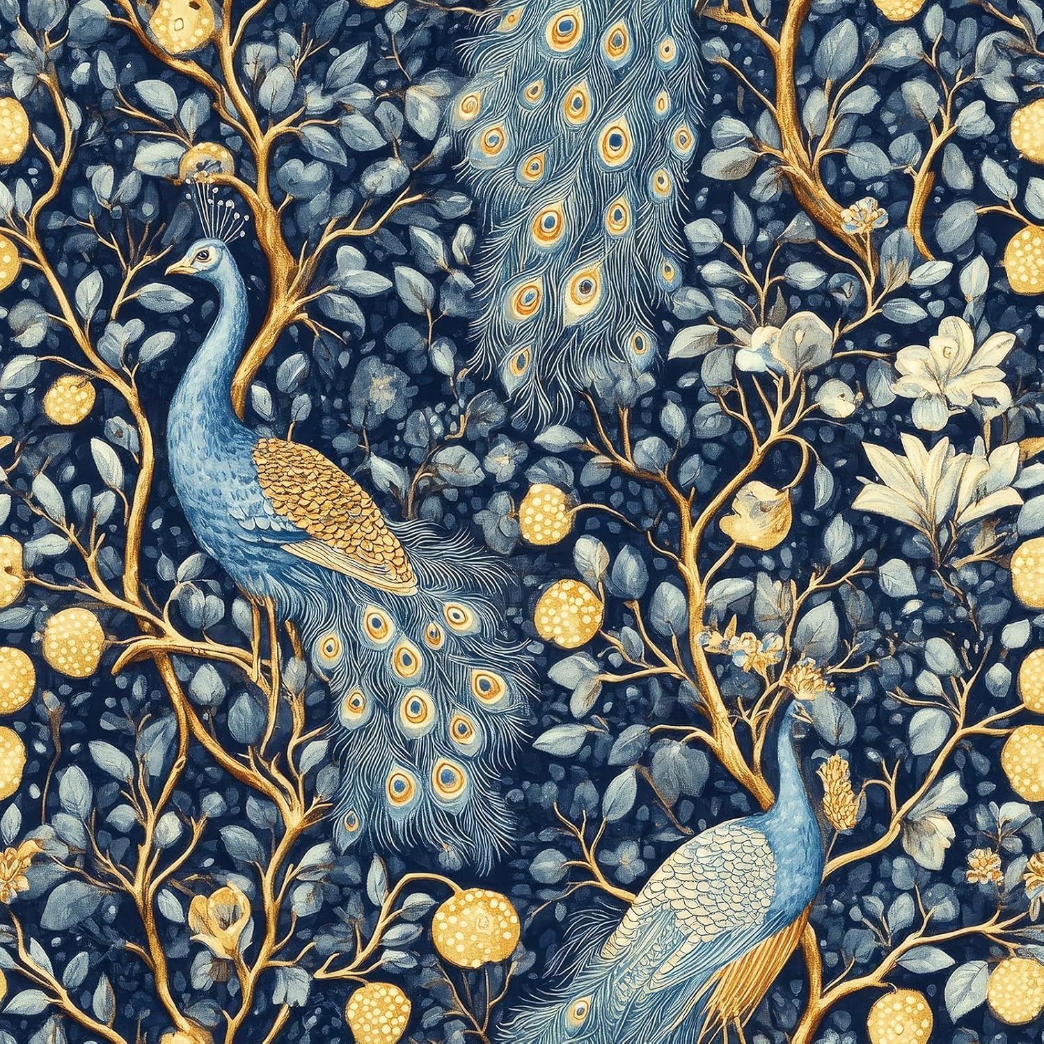 Livelynine 17.5x276 Peacock Peel and Stick Wallpaper Dark Blue and Gold Trees Birds Accent Wall Paper for Bathroom Hallway Living Room Accents Removable Contact Paper Metallic Peacock Flowers Mural